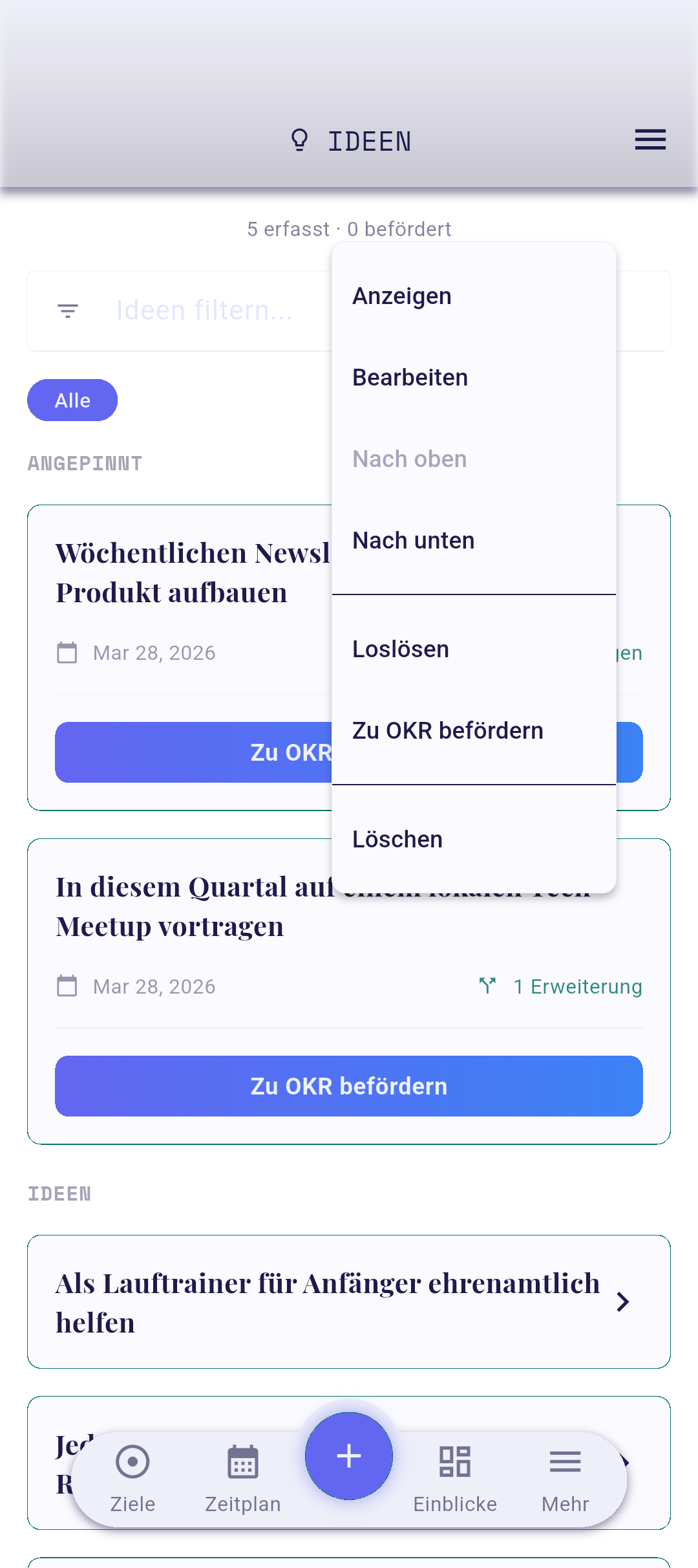 Ideen-Kontextmenü mit hervorgehobener Option „Anzeigen"