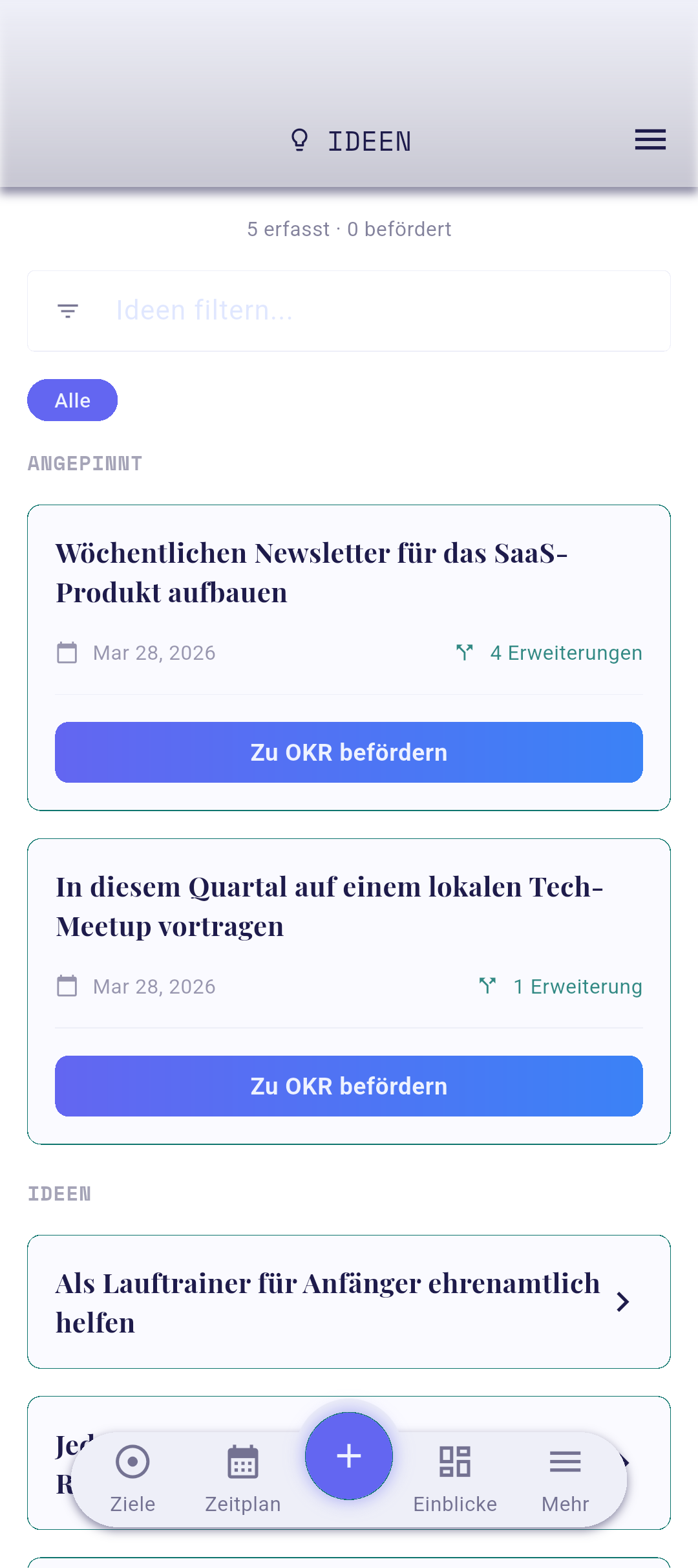 Ideen-Screen mit +-Schaltfläche