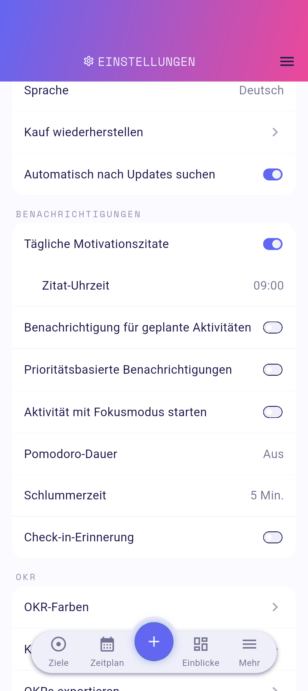Sprach-Zeile in den Einstellungen