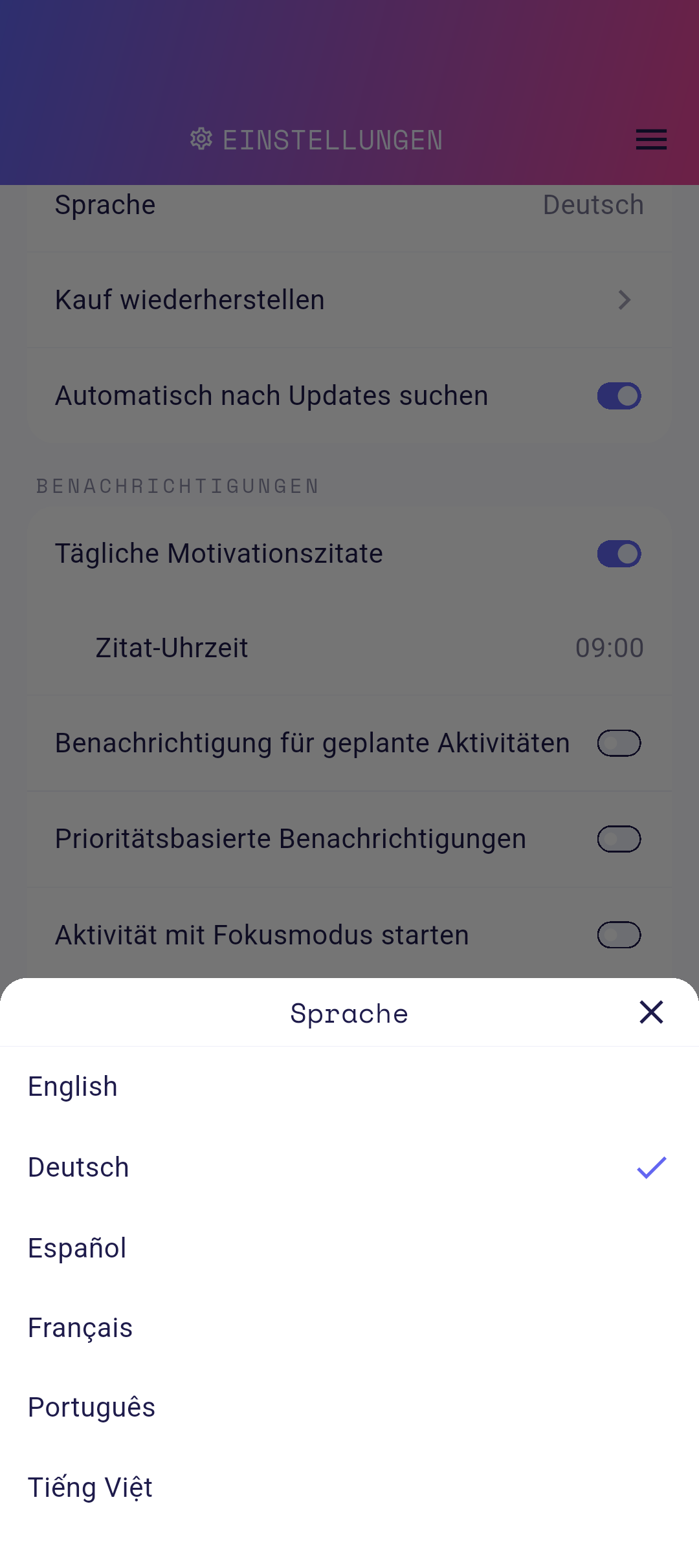 Sprach-Picker unteres Blatt