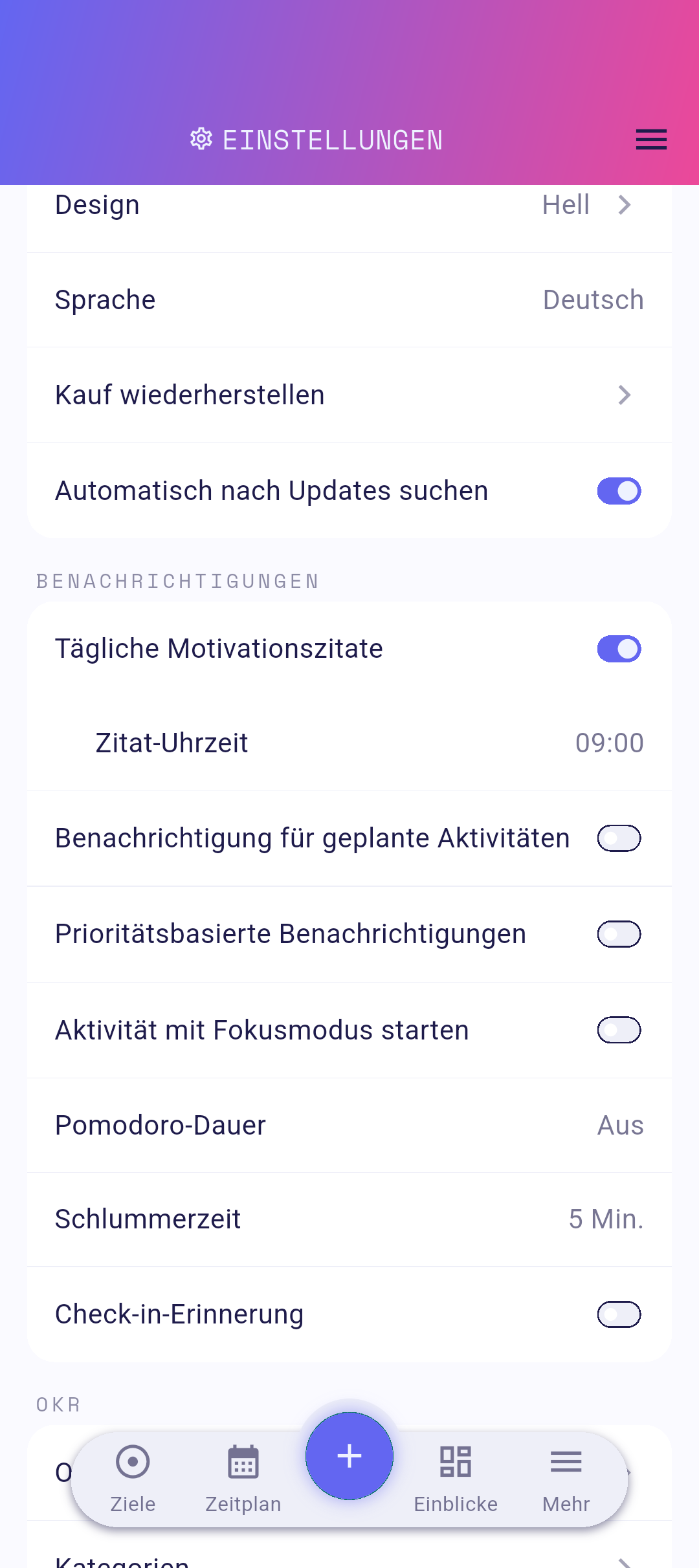 Design-Zeile in den Einstellungen
