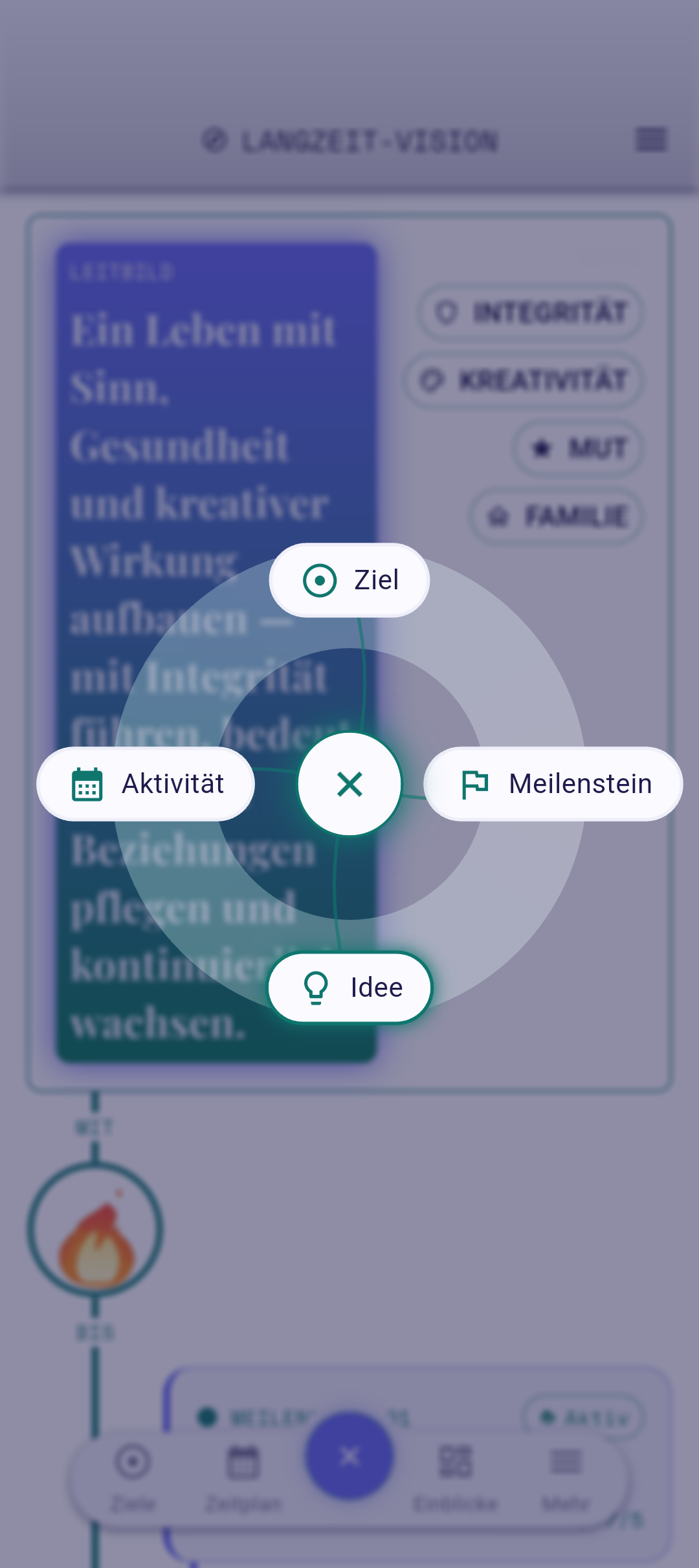 QuickPlus-Dial mit hervorgehobener Option „Meilenstein"