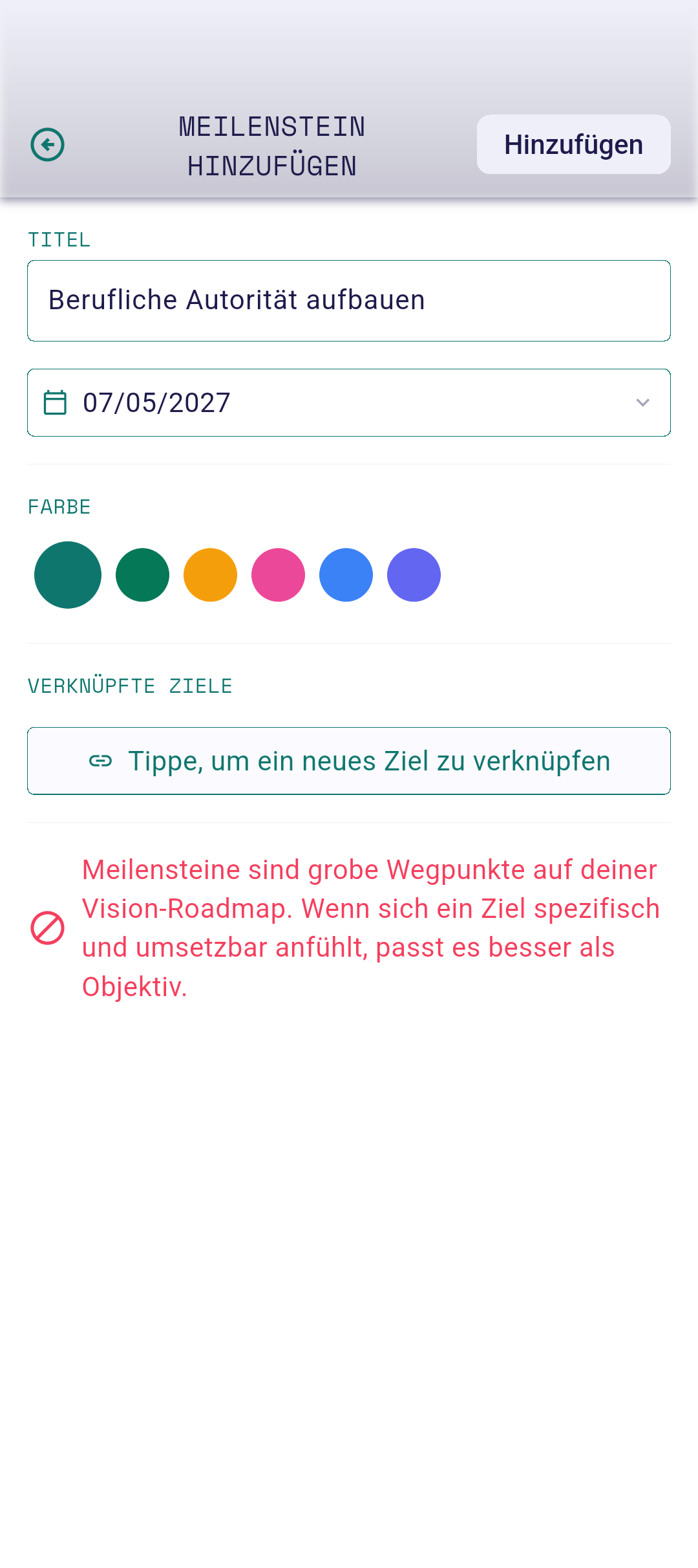Meilenstein-Editor mit ausgefülltem Titel und Datum