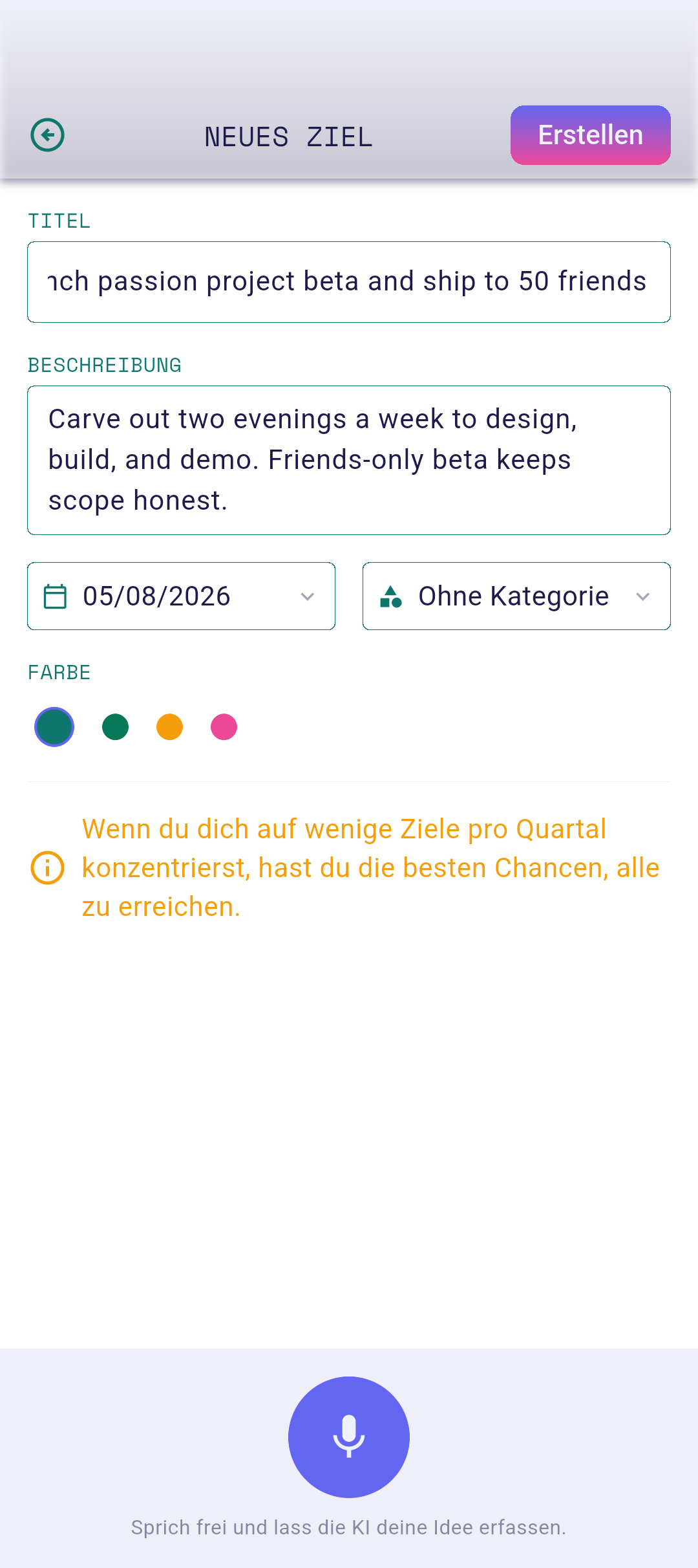 Ausgefülltes Beschreibungsfeld unter dem Titel