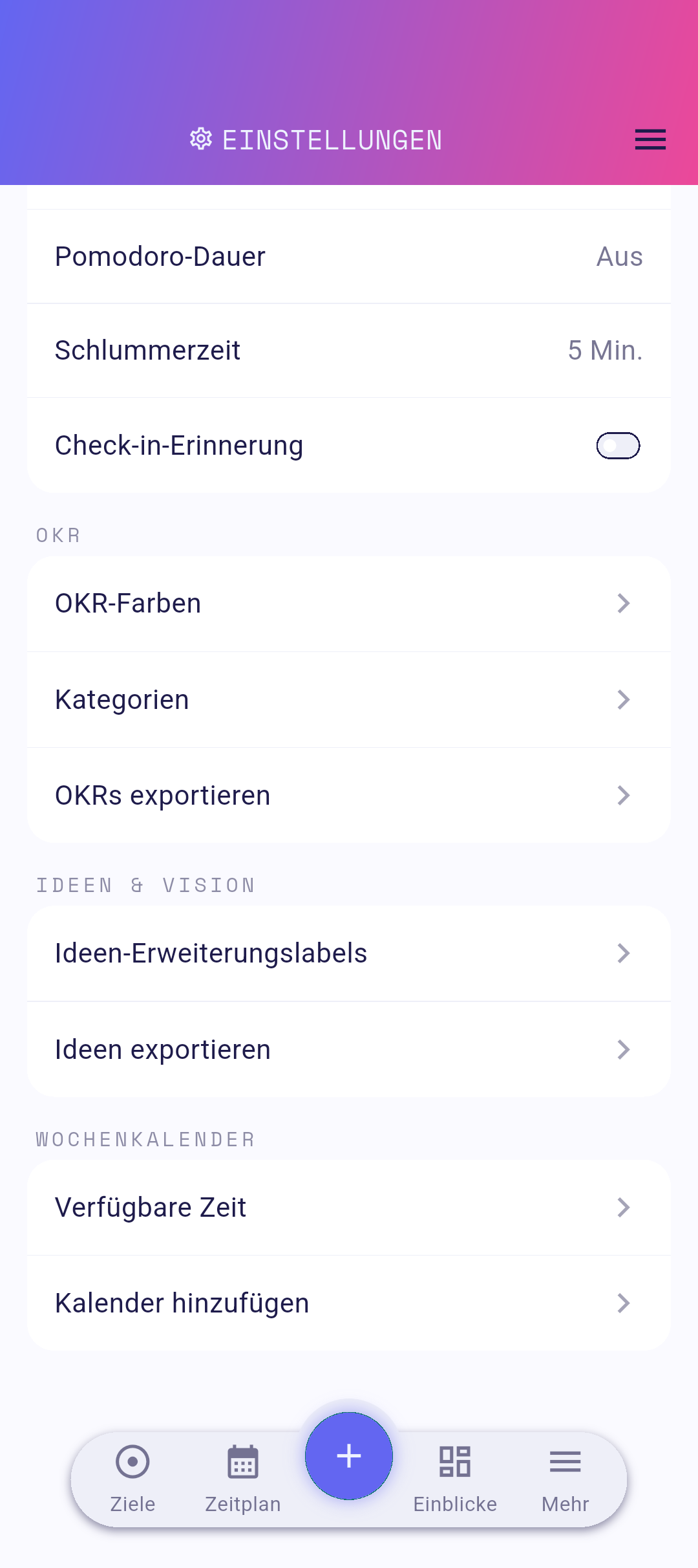 Zeile „Ideen exportieren" in den Einstellungen
