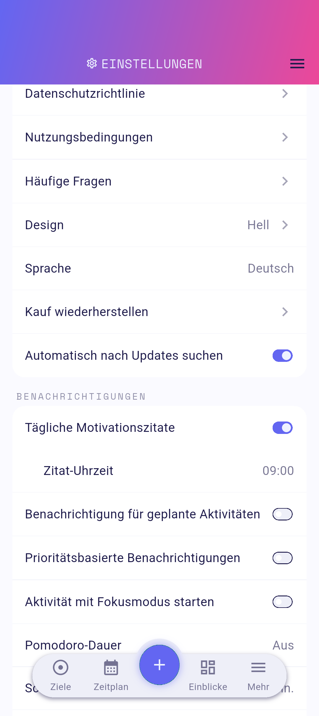 Einstellungszeilen für rechtliche Links