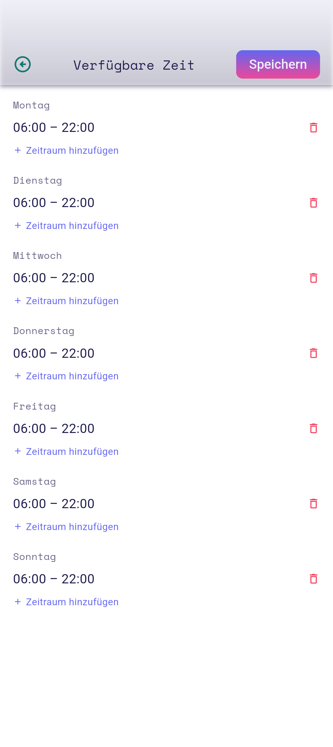 Editor für verfügbare Zeit mit ausgewähltem Montag