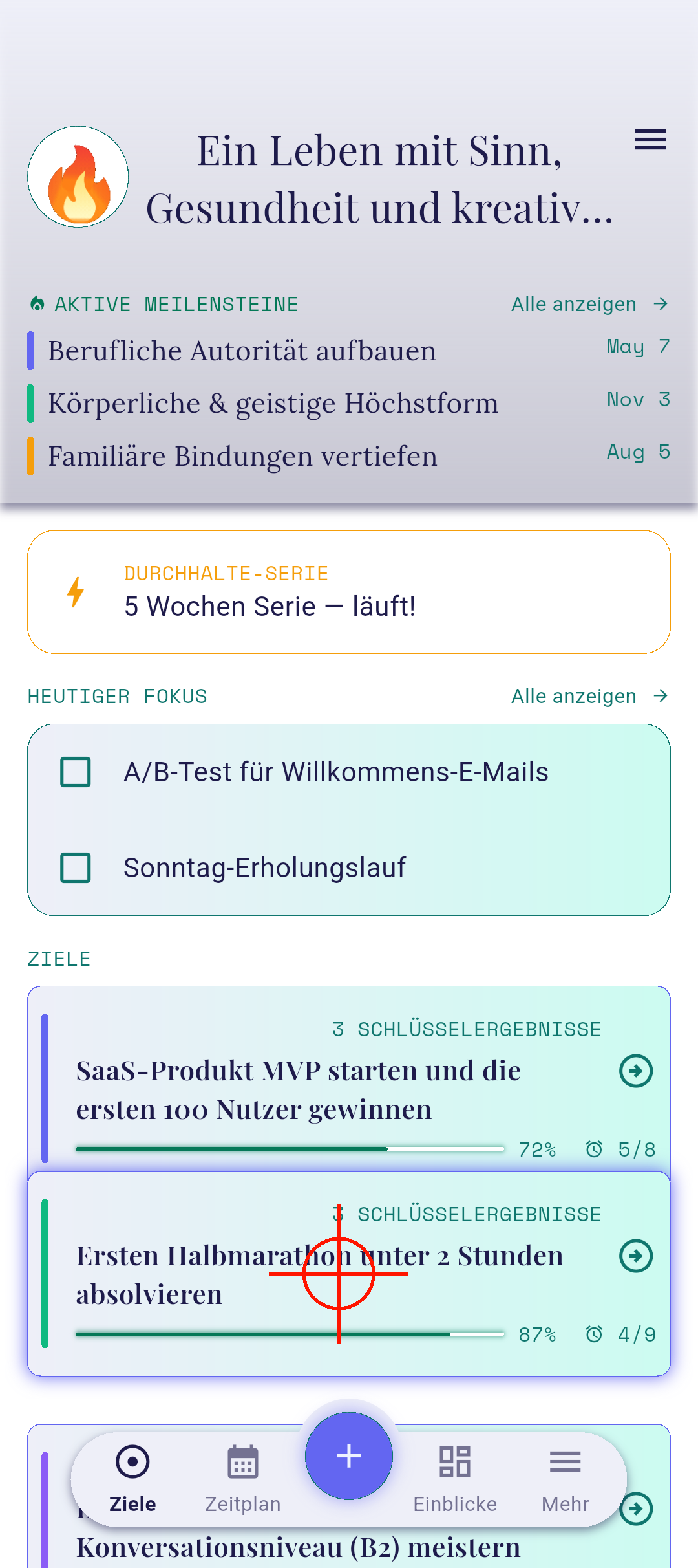 Lang gedrückte Zielkarte hebt sich