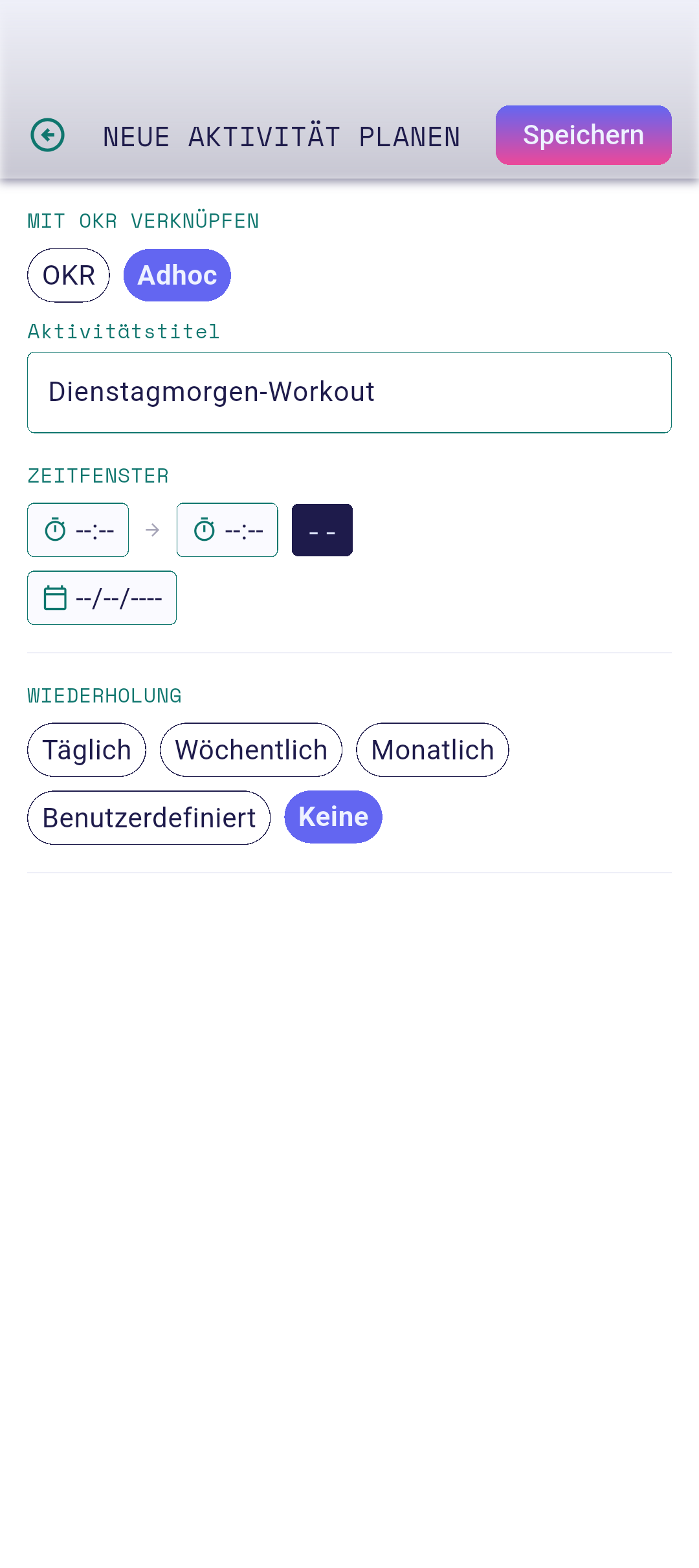 Aktivitäts-Editor mit ausgefüllten Feldern