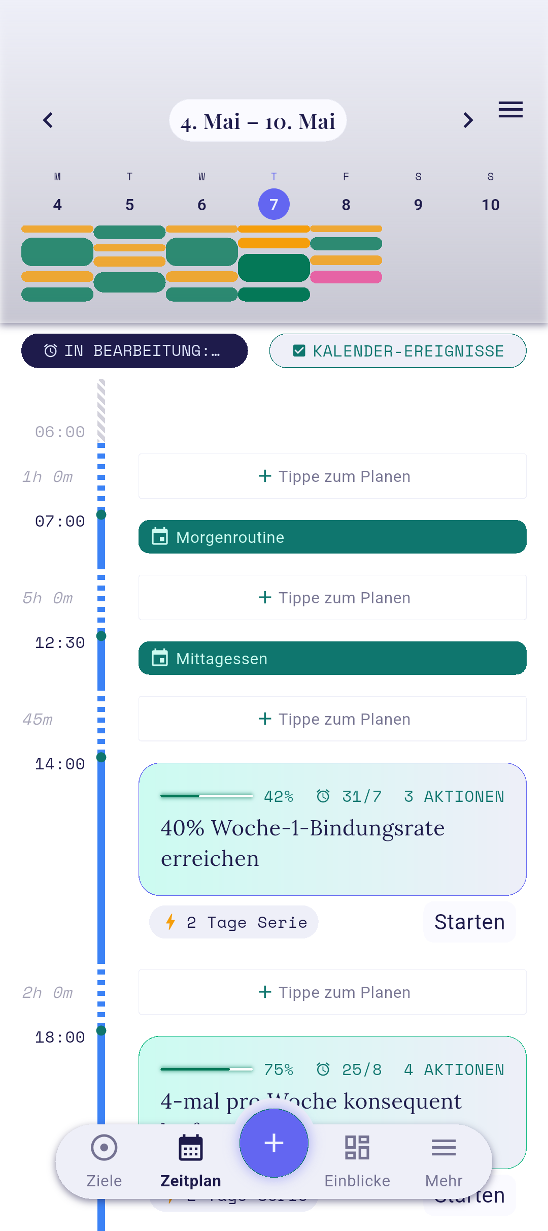 Timeline-Screen mit +-Schaltfläche