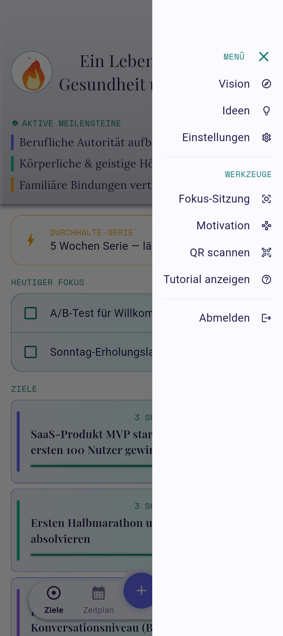 Seitenmenü mit hervorgehobener Option „Vision"