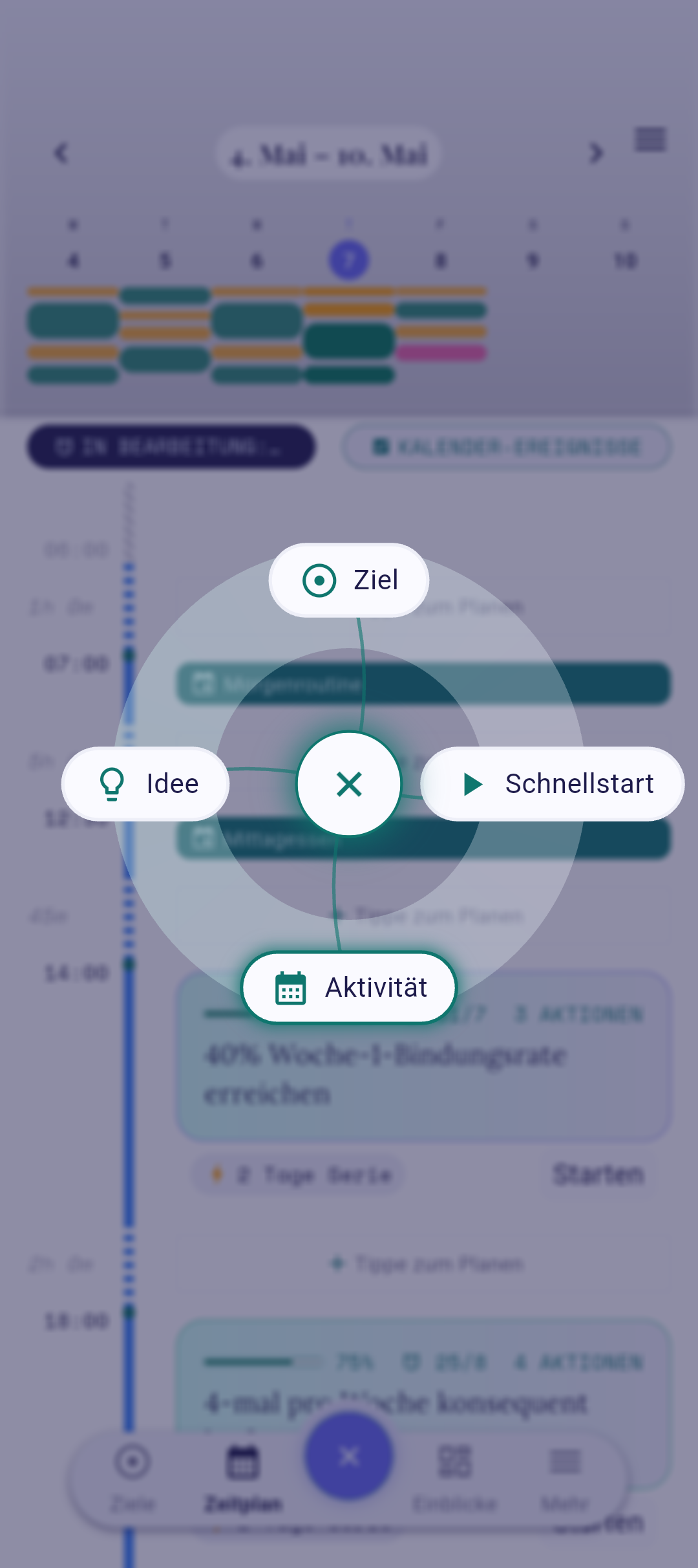 QuickPlus-Dial mit hervorgehobener Option „Quick Start"