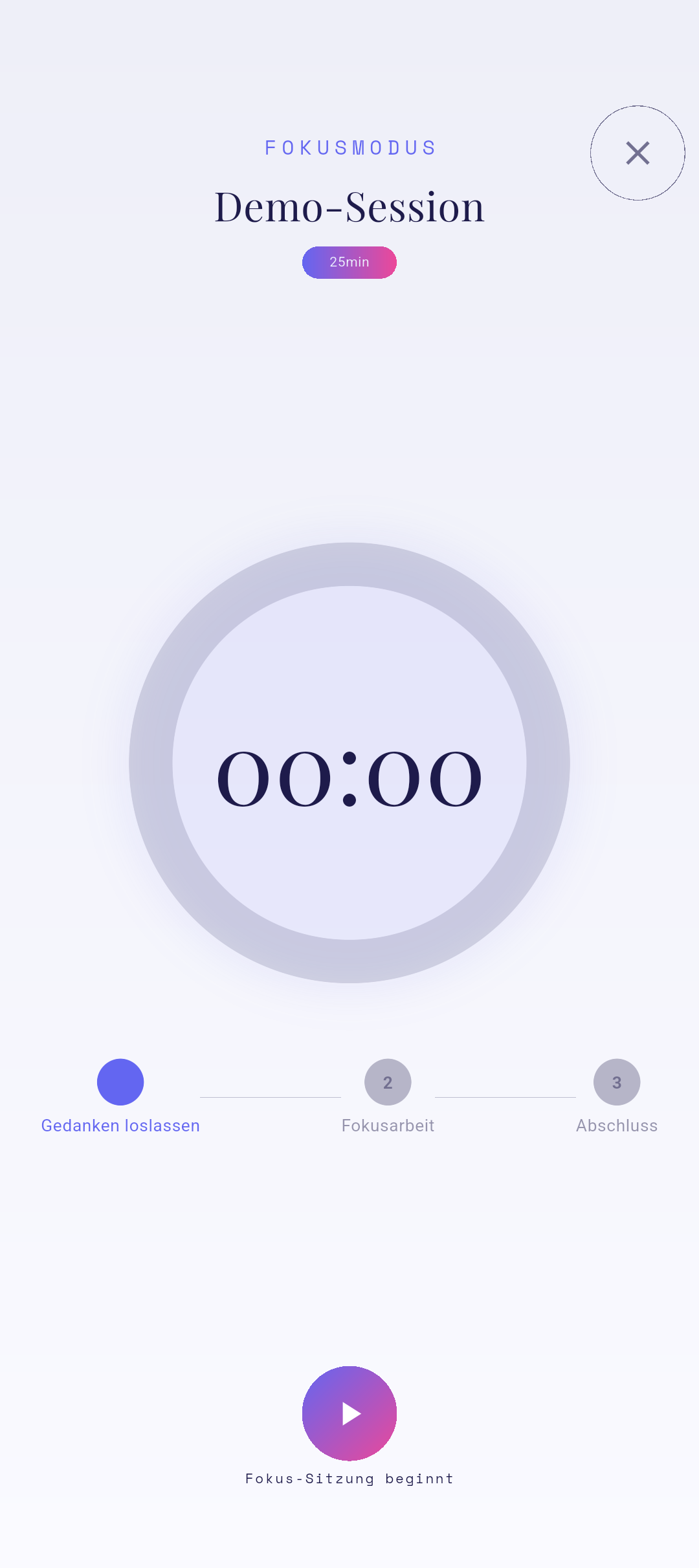 Fokus-Screen mit Pomodoro-Countdown