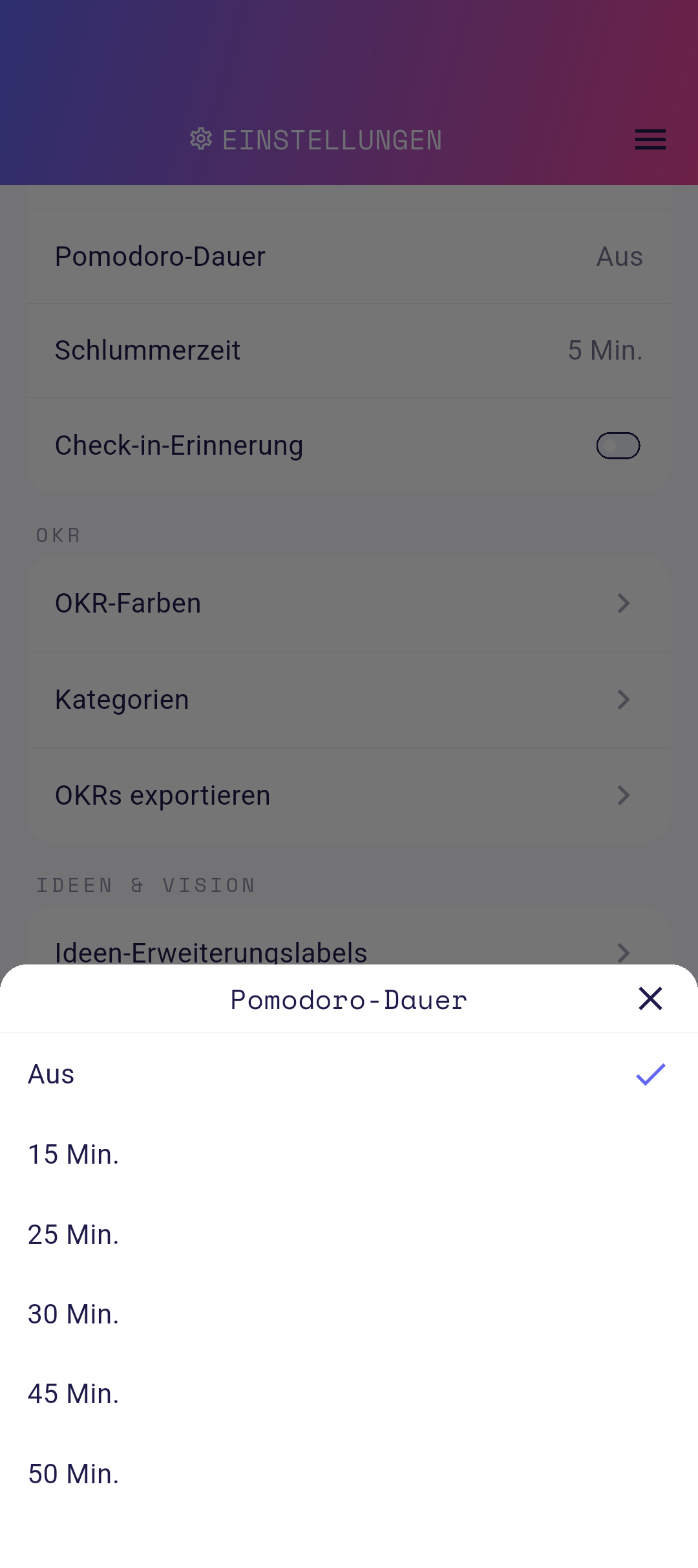 Pomodoro-Daueroptionen