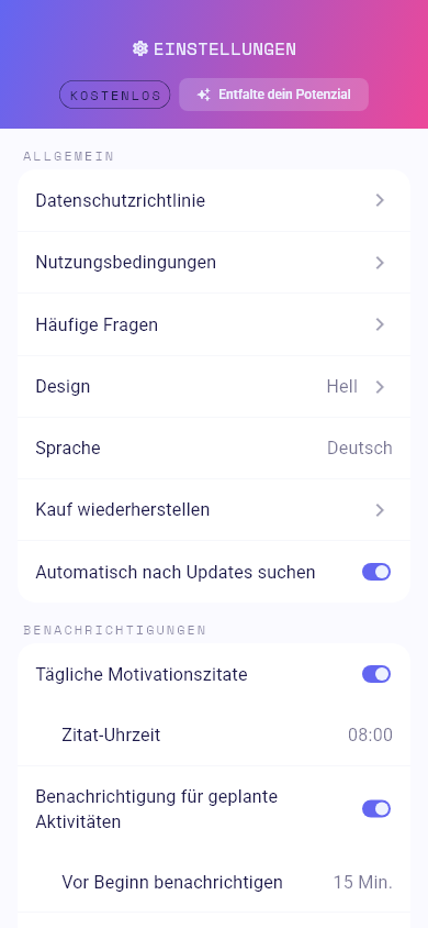 Upgrade-Zeile in den Einstellungen