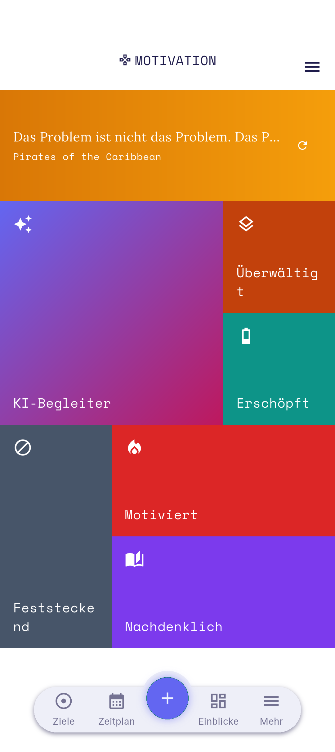 Motivationsscreen mit der Atemübungs-Kachel