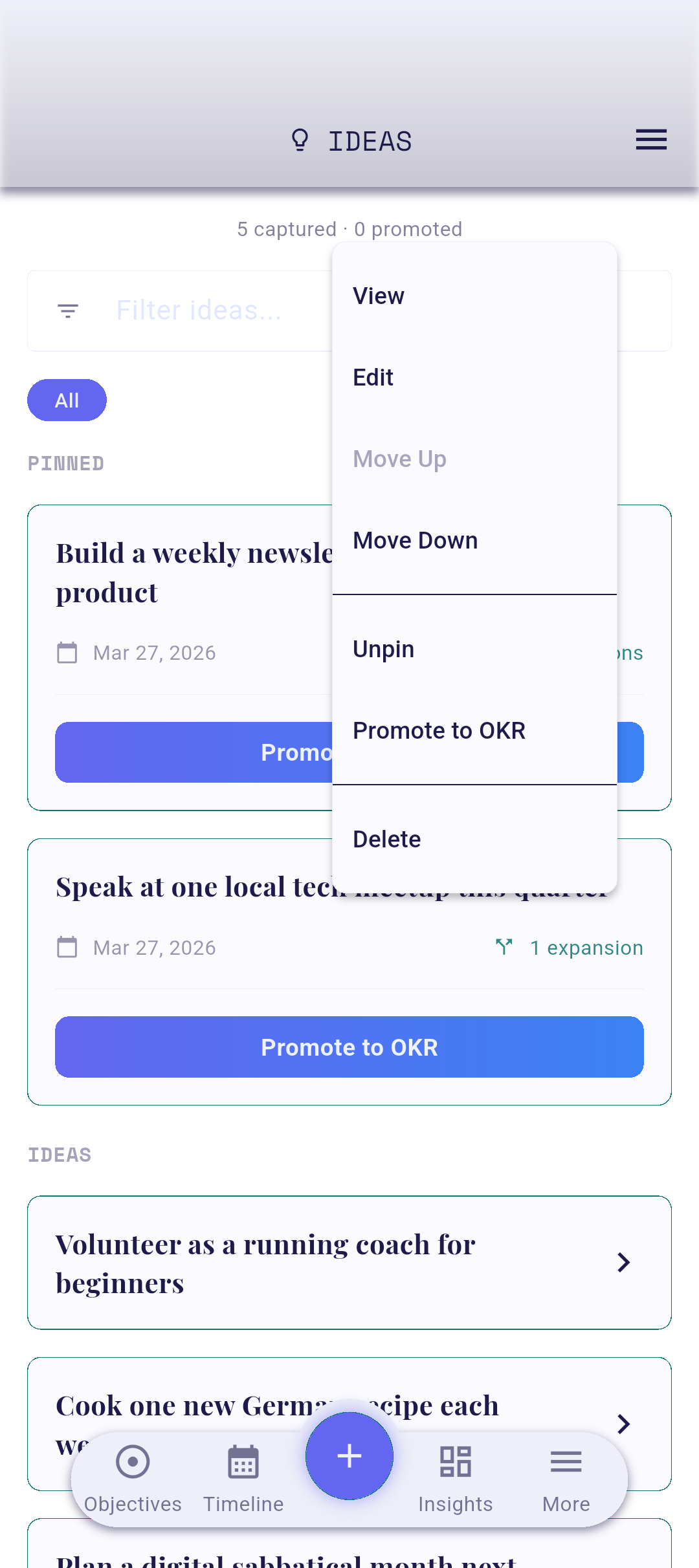 Idea card context menu with View highlighted