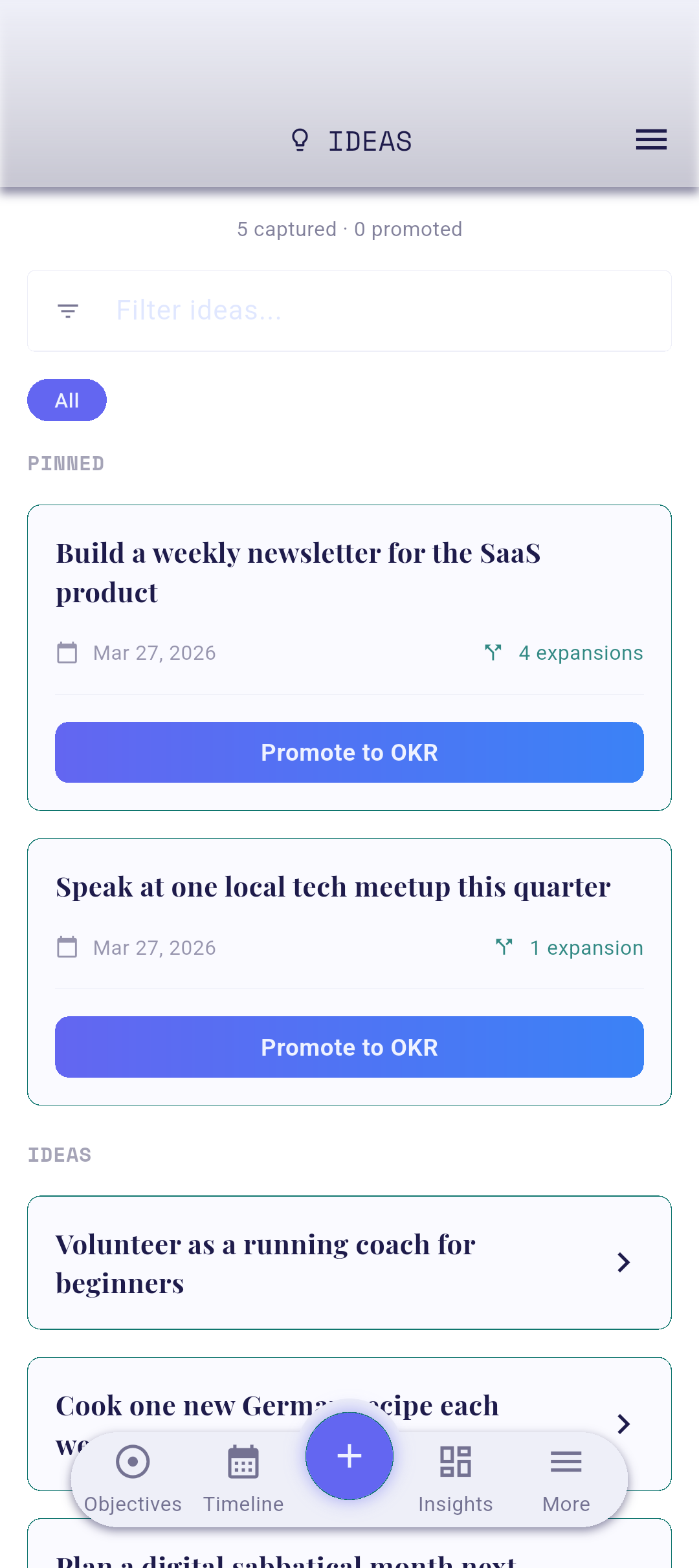 Ideas screen with the + button