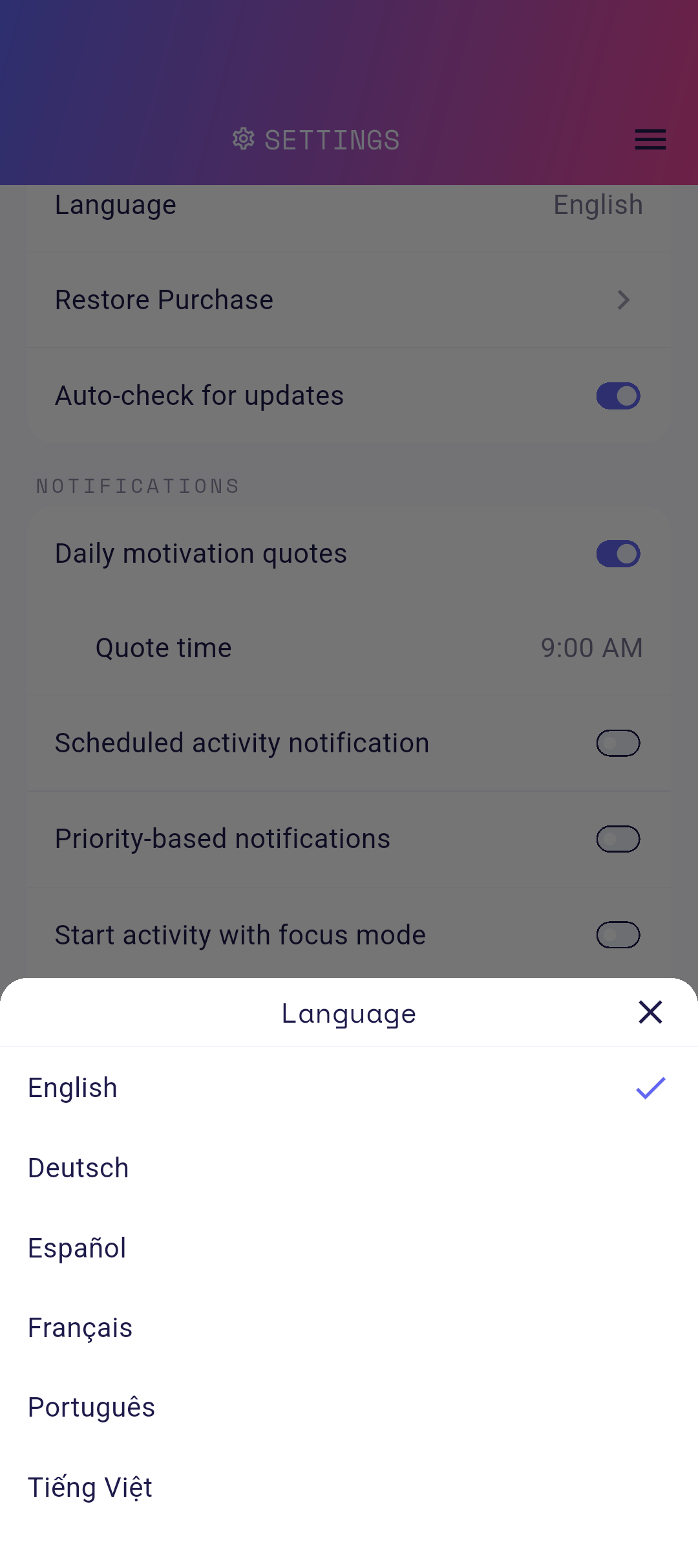 Language picker bottom sheet