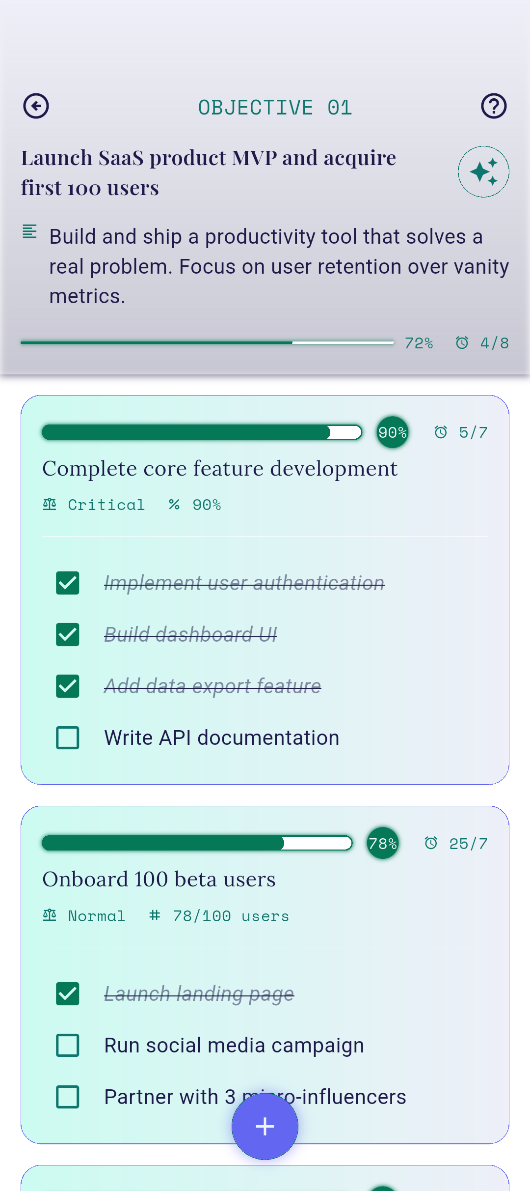 Key Results screen with + button visible