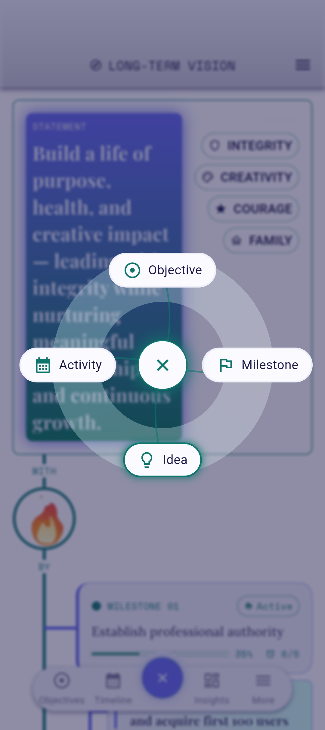 QuickPlus dial with Milestone option highlighted