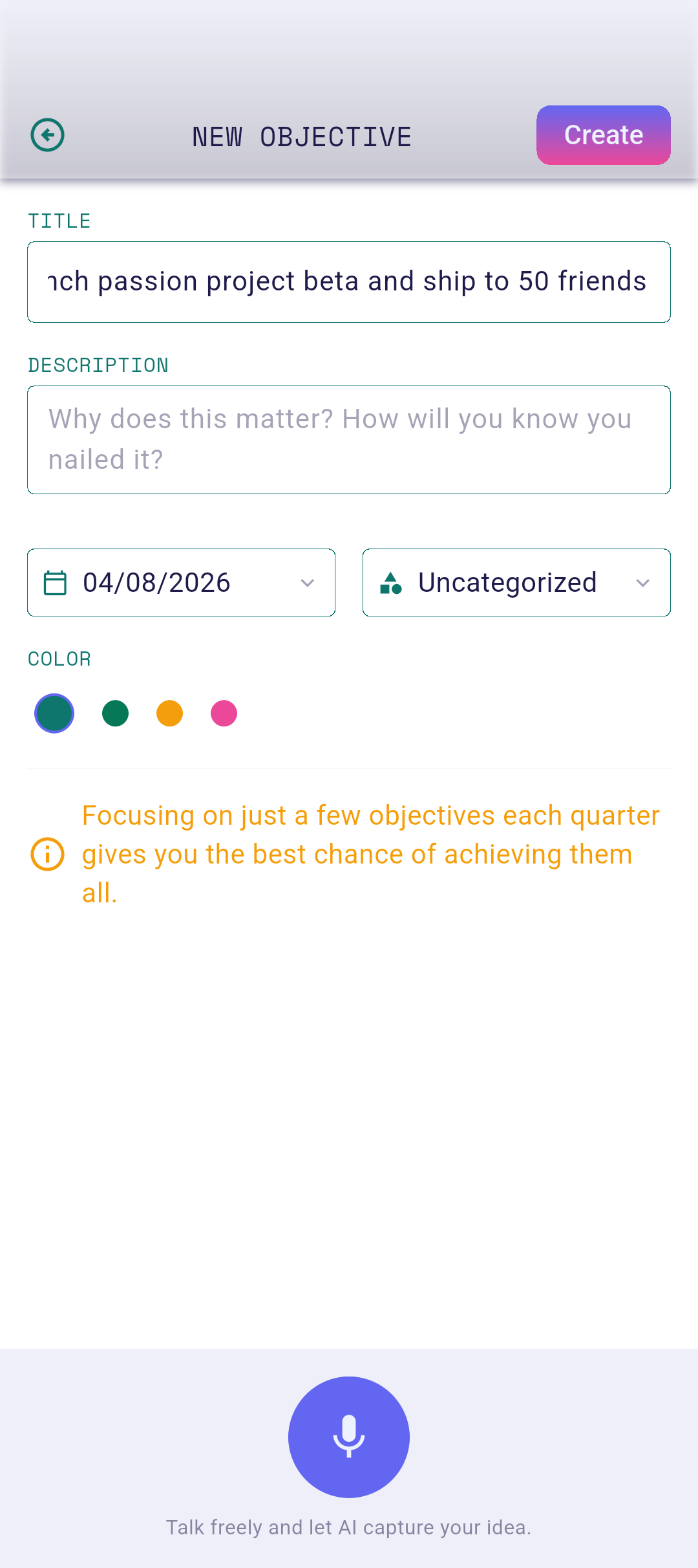 Objective edit screen with title filled