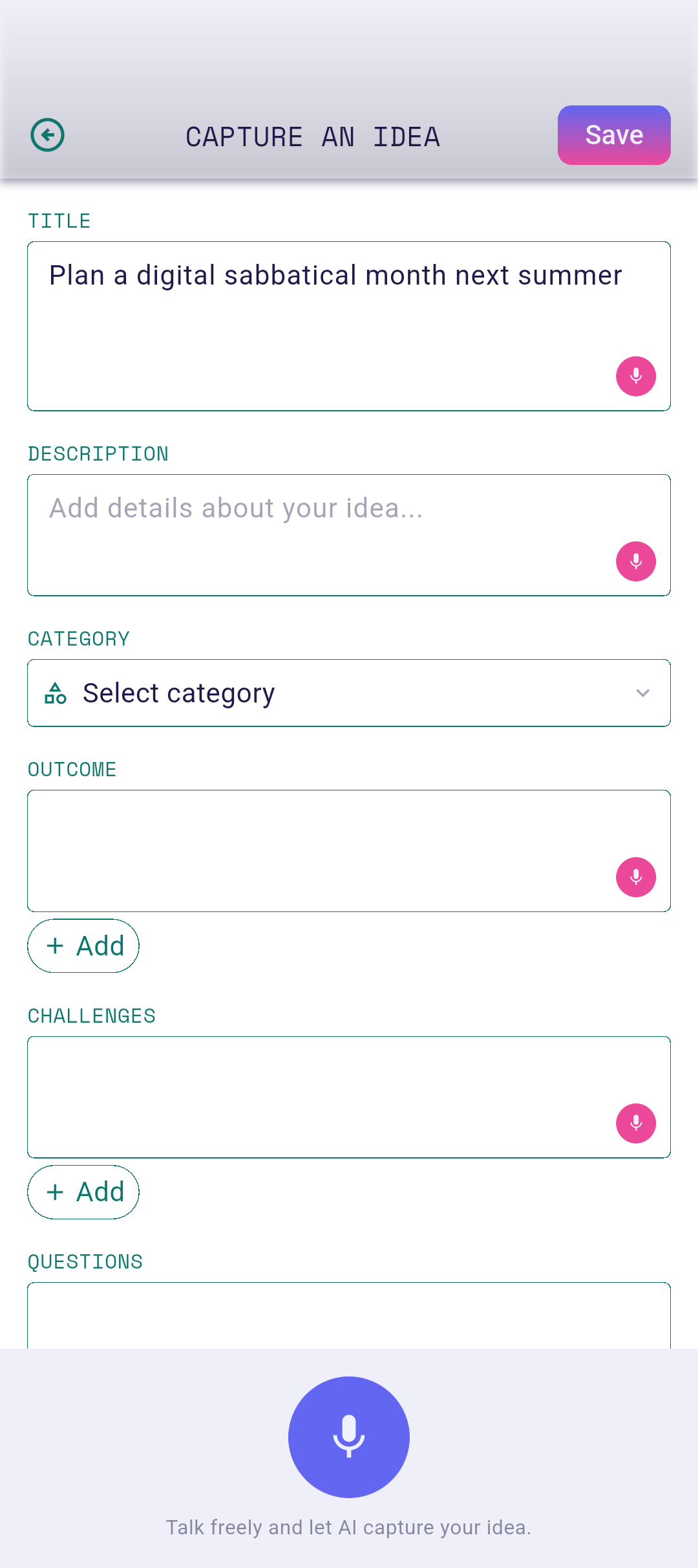 Voice review panel with captured text