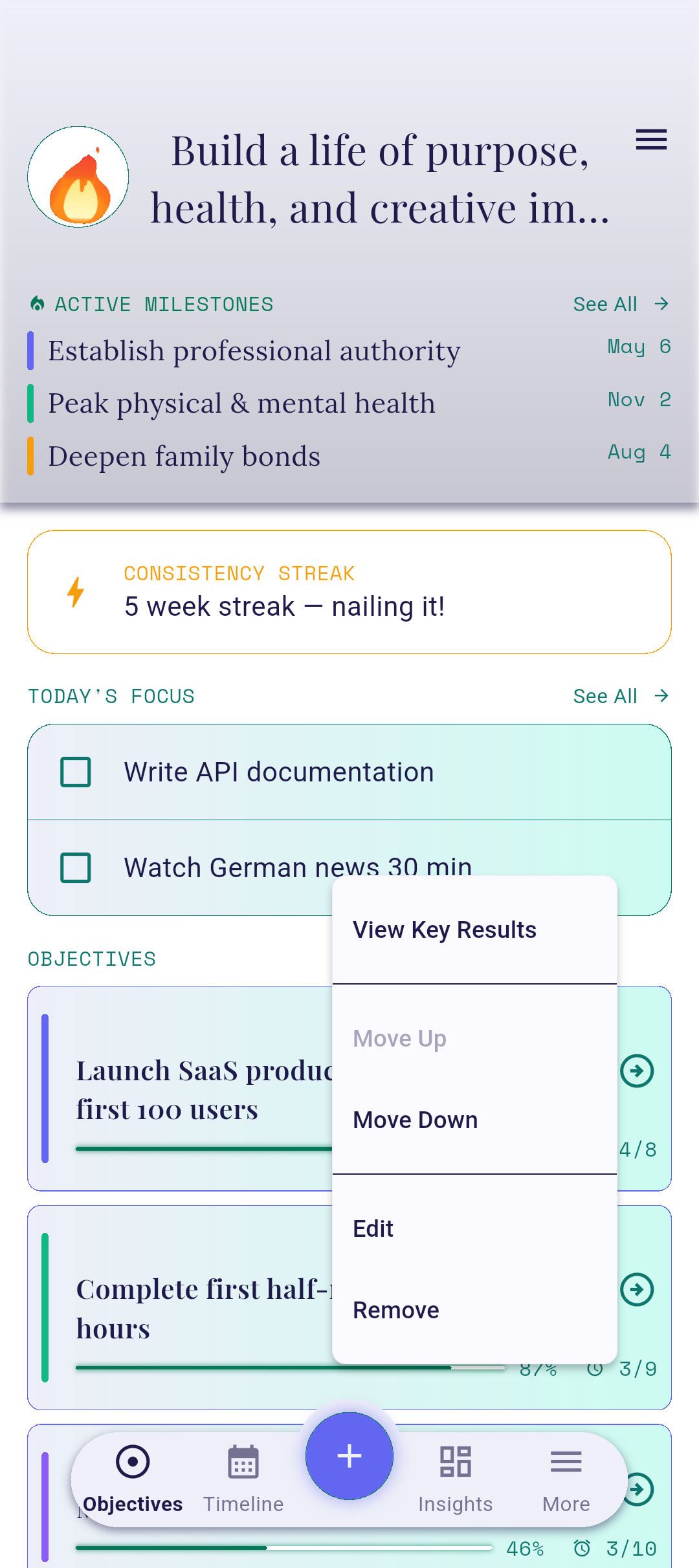 Context menu open above an objective card