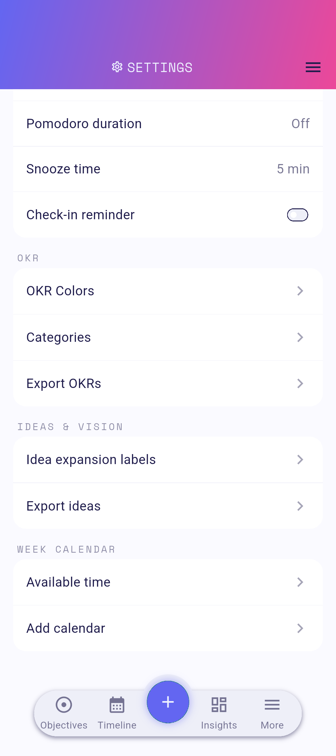 Export Ideas row in settings