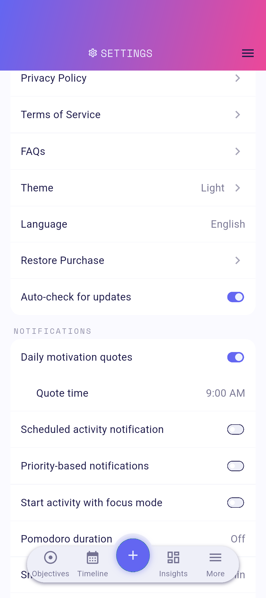 Settings rows for legal links