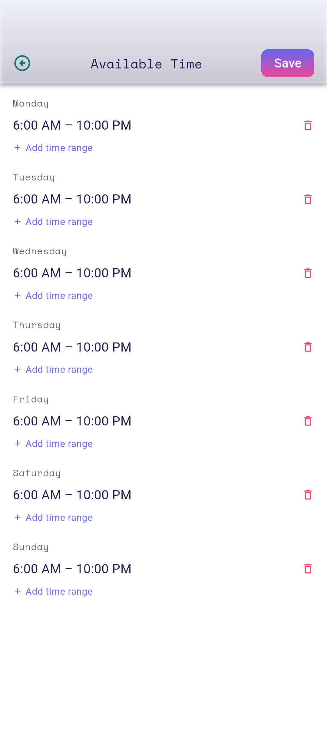 Available Time editor with Monday selected