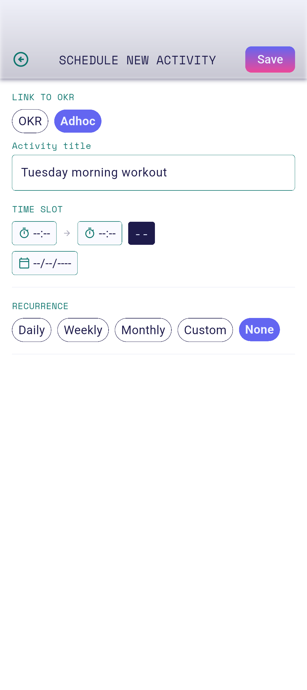 Activity editor with fields filled