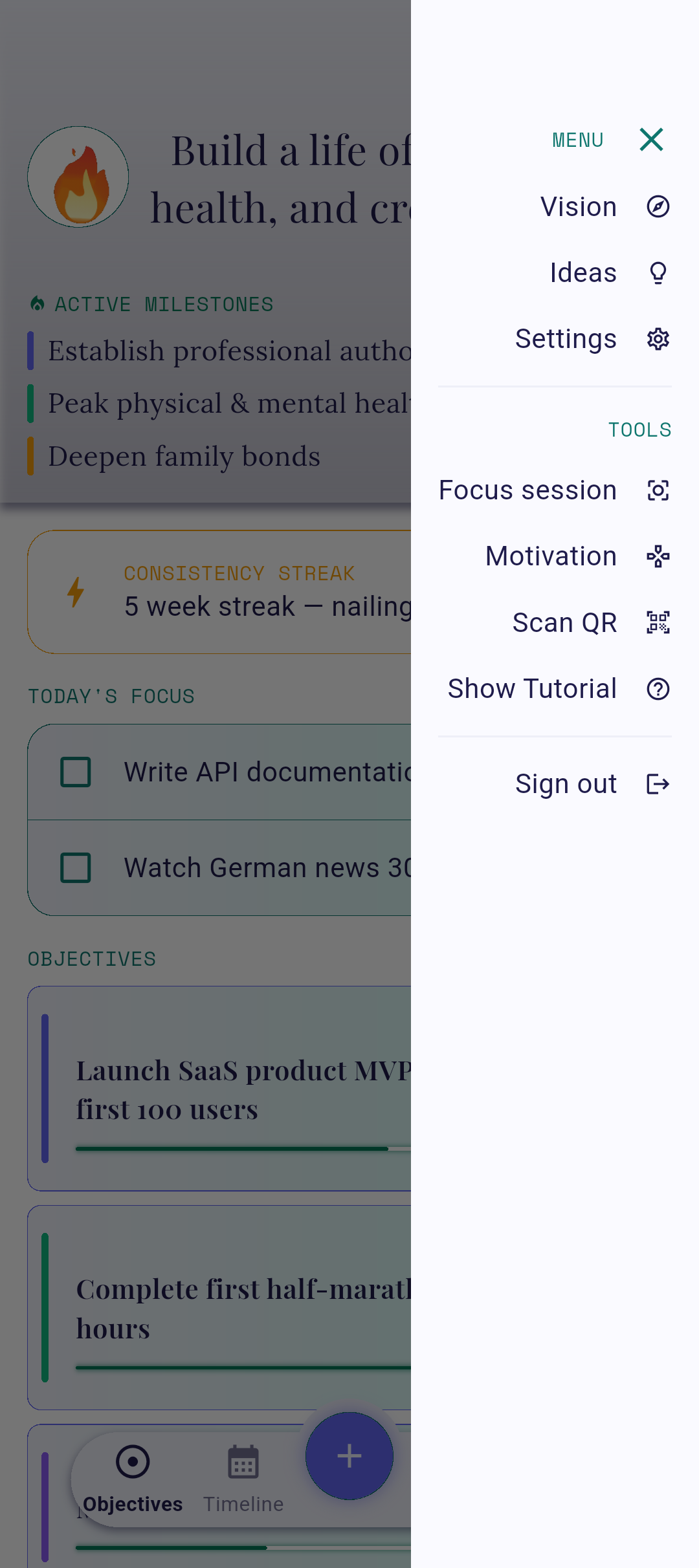 Sidebar menu with Vision highlighted