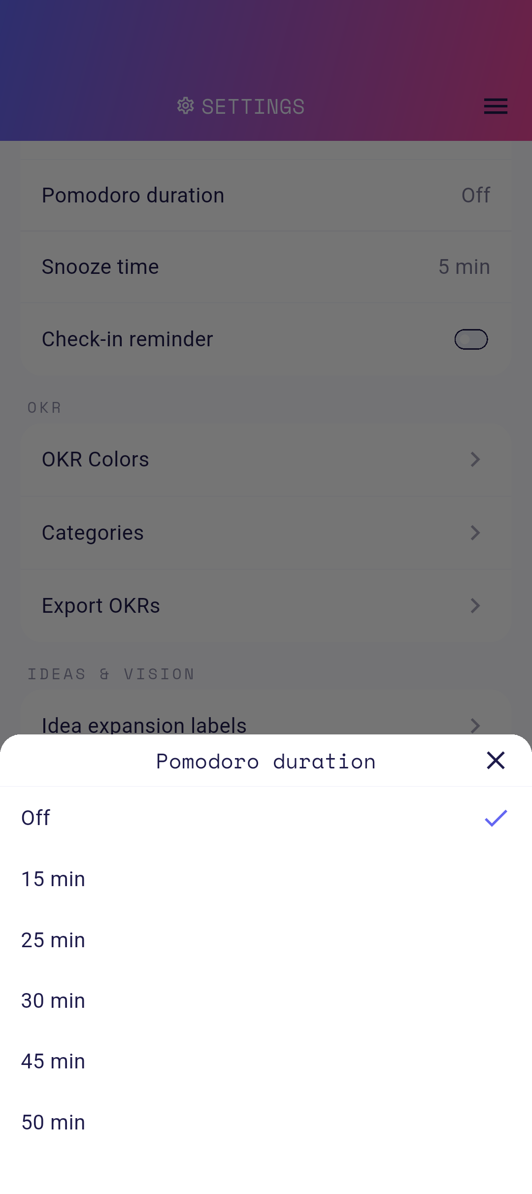 Pomodoro duration options