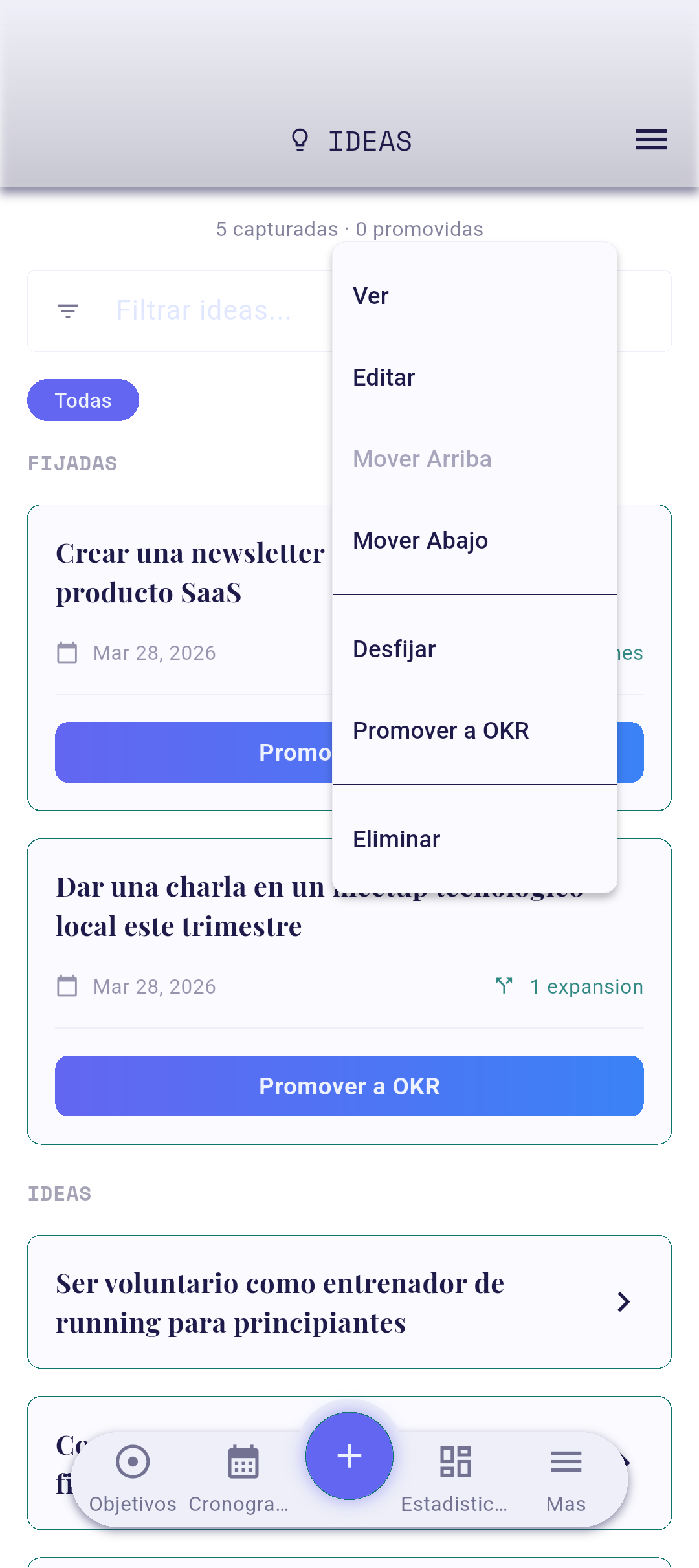 Menú contextual de la tarjeta de idea con Ver resaltado
