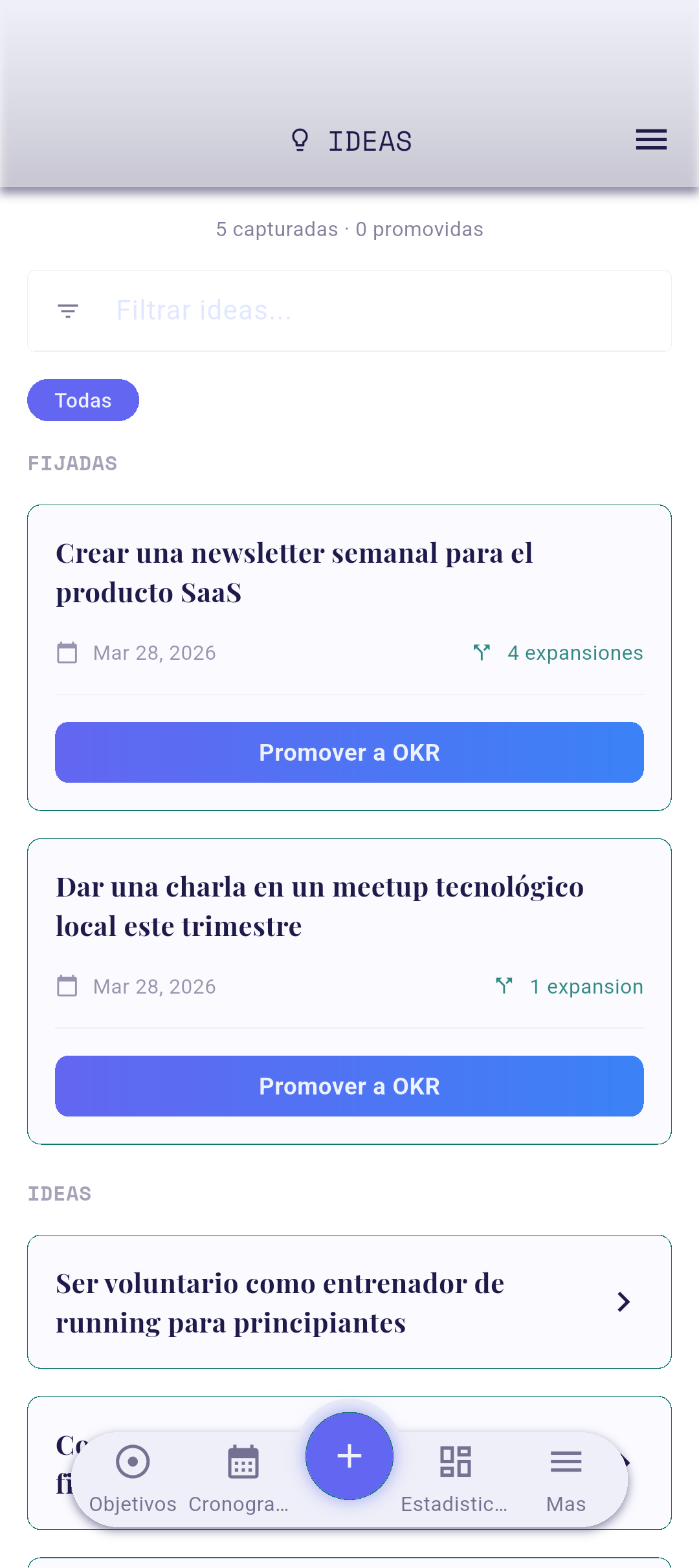 Pantalla de Ideas con el botón +