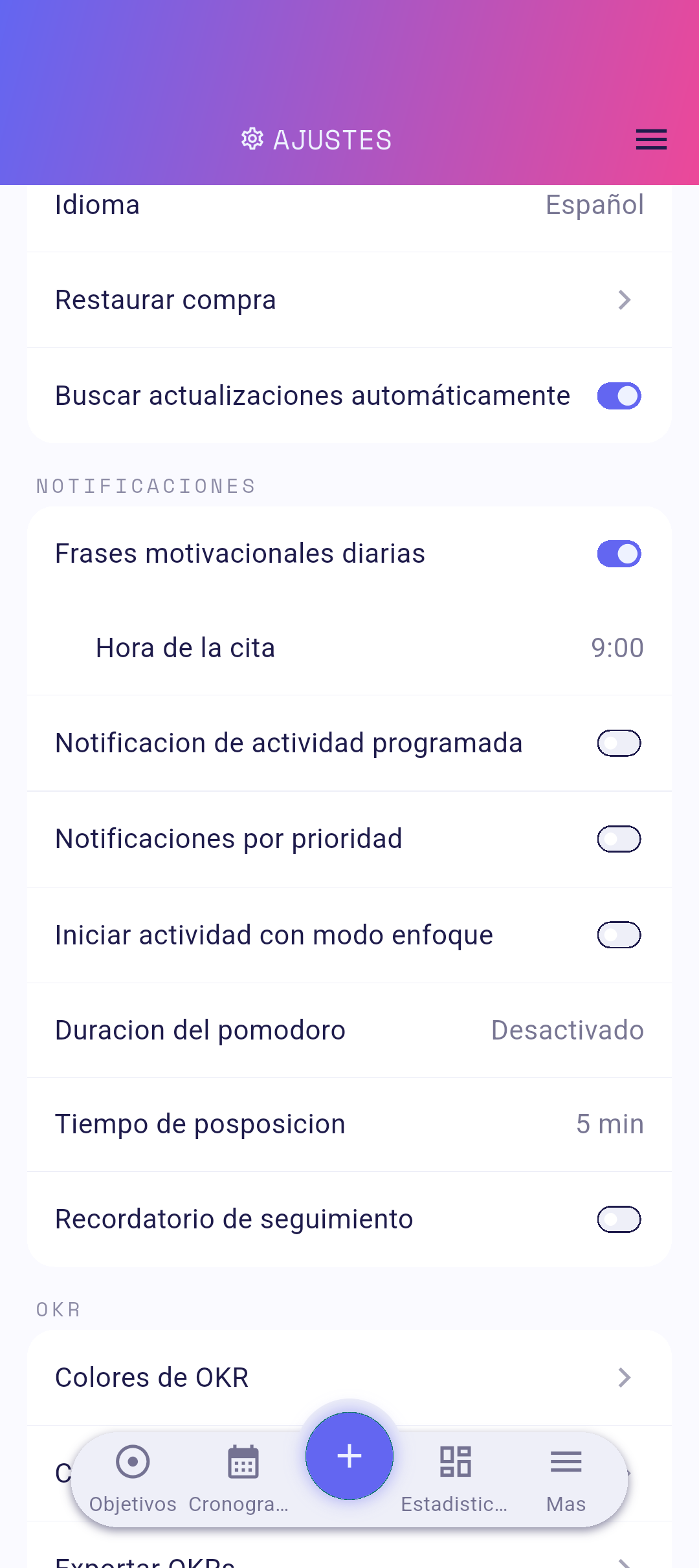 Fila de Idioma en la configuración