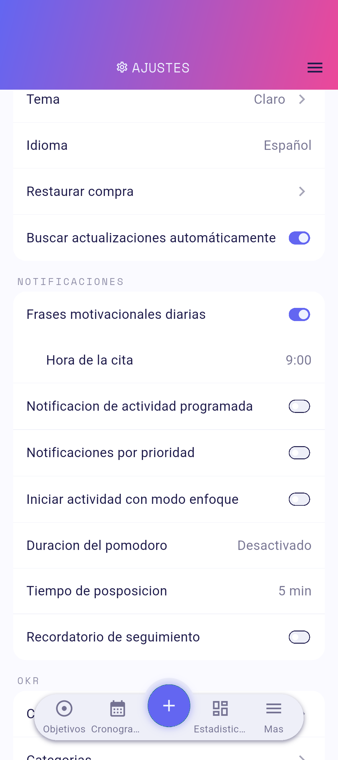 Fila de Tema en la configuración