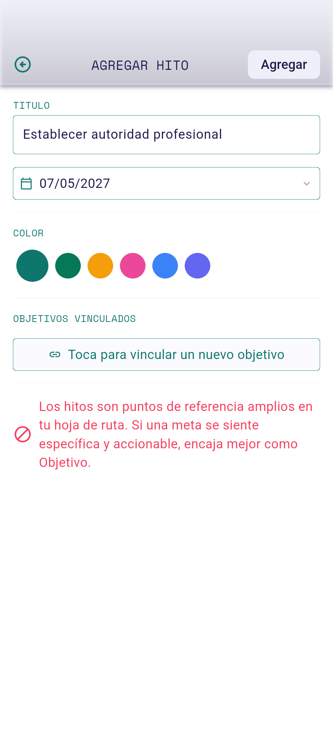 Editor de hito con título y fecha completados