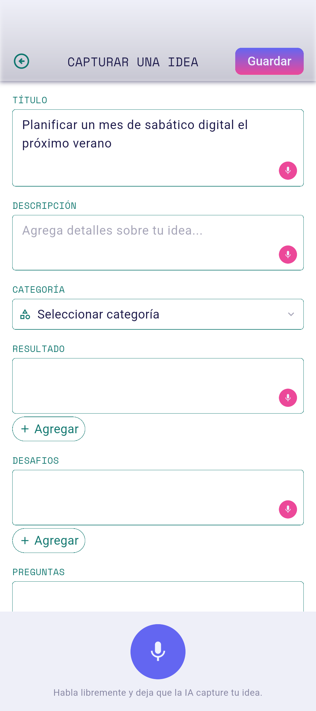 Panel de revisión de voz con el texto capturado