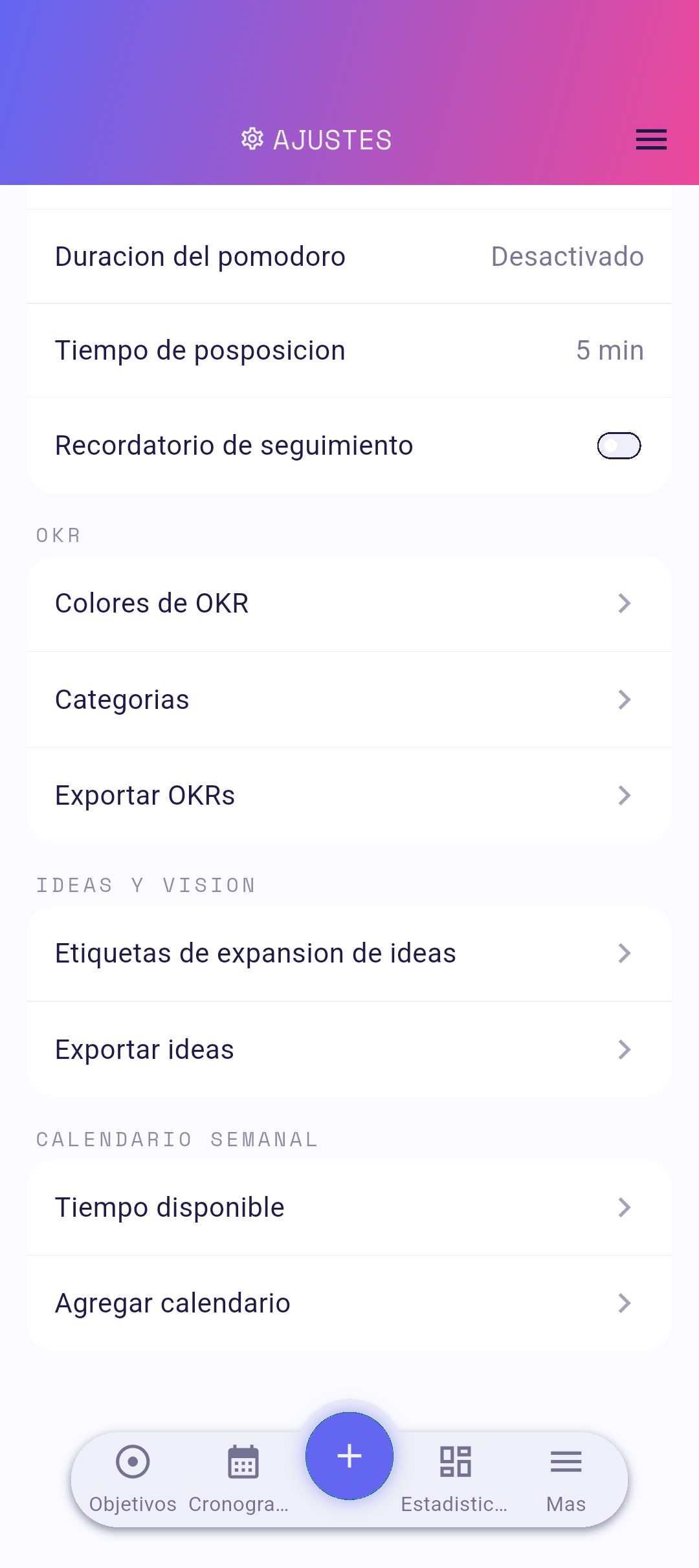 Fila de Exportar ideas en la configuración