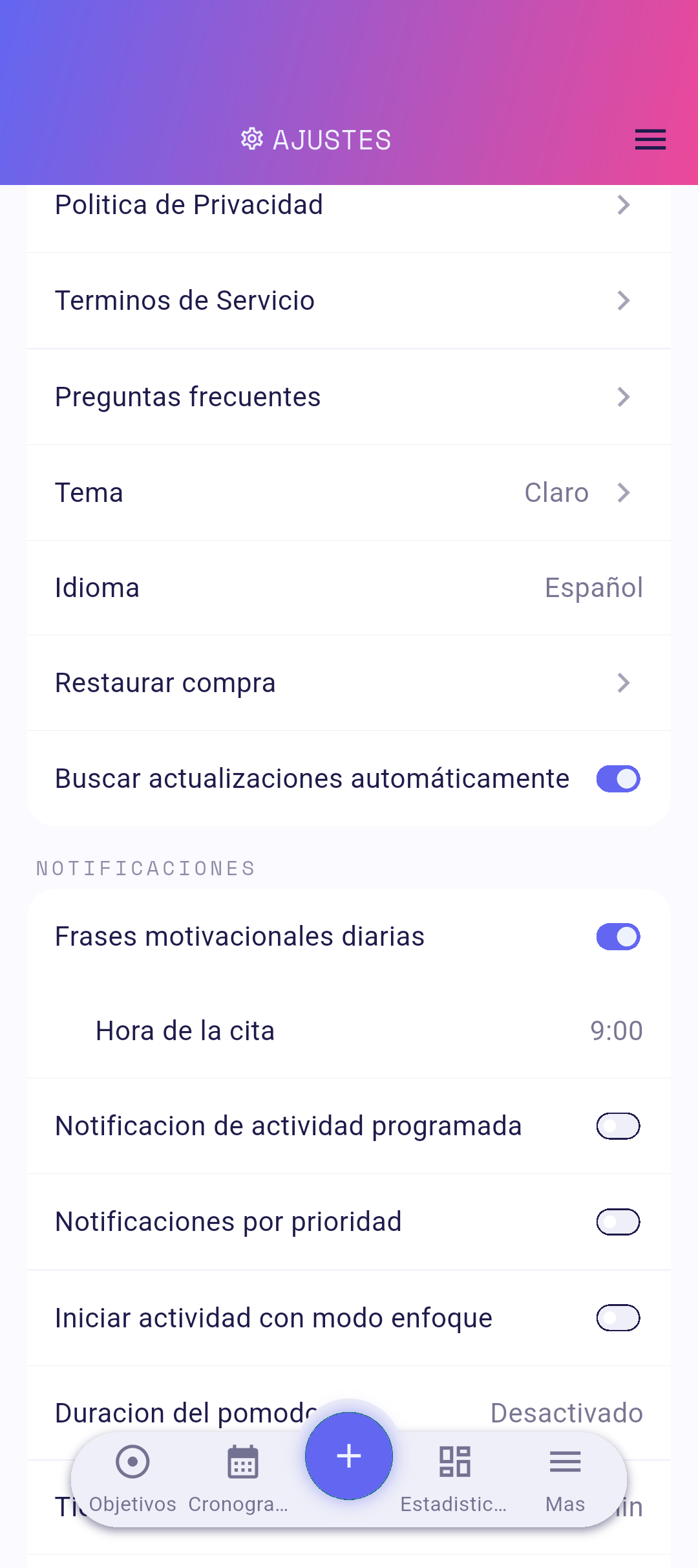Filas de configuración con los enlaces legales