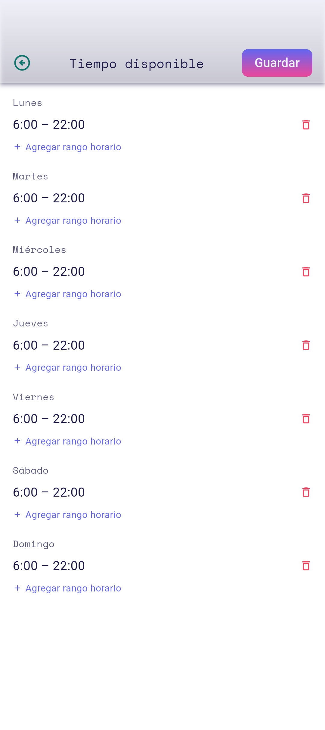 Editor de Tiempo disponible con el lunes seleccionado