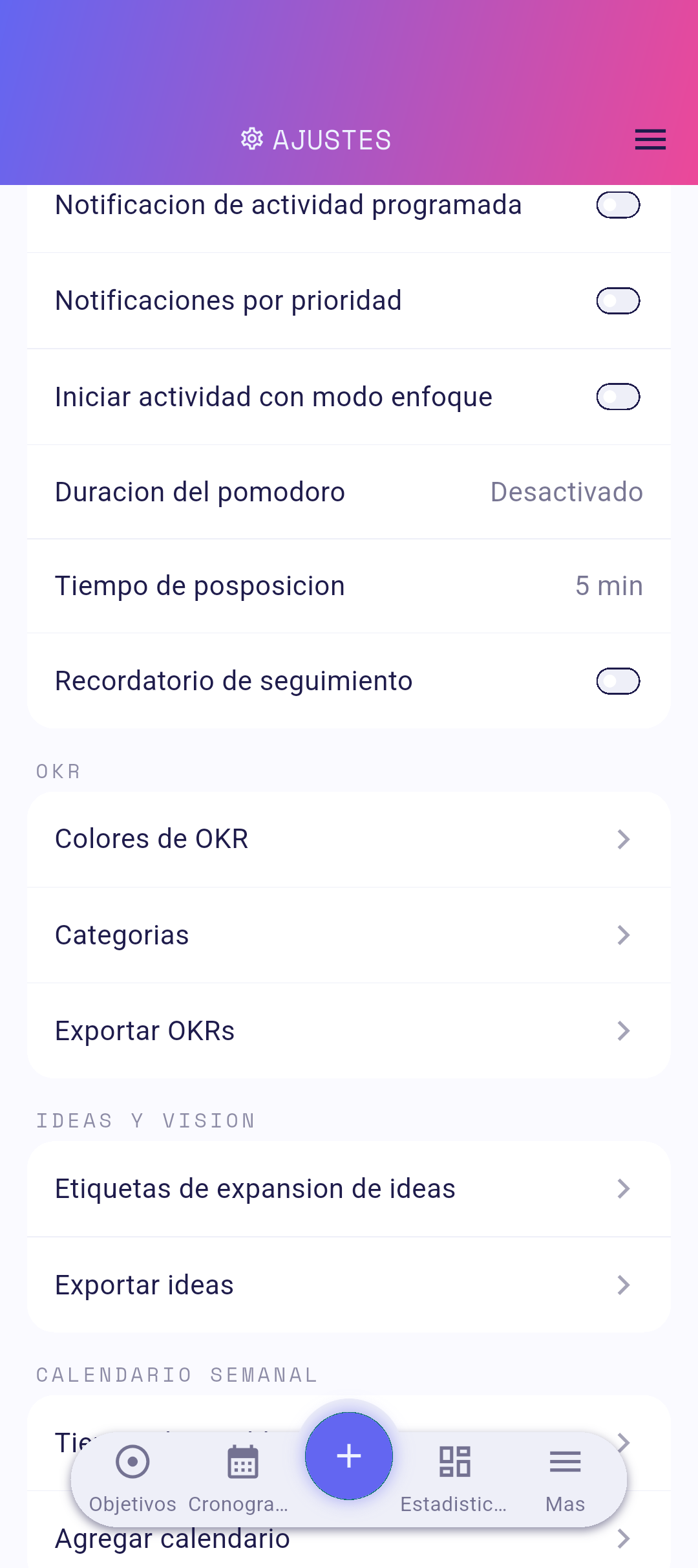 Fila del interruptor en la configuración