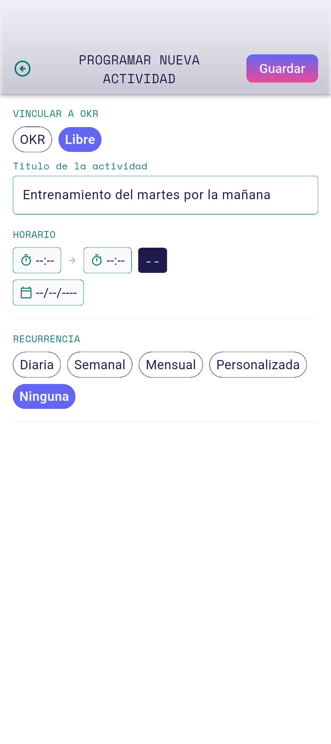 Editor de actividad con los campos completados