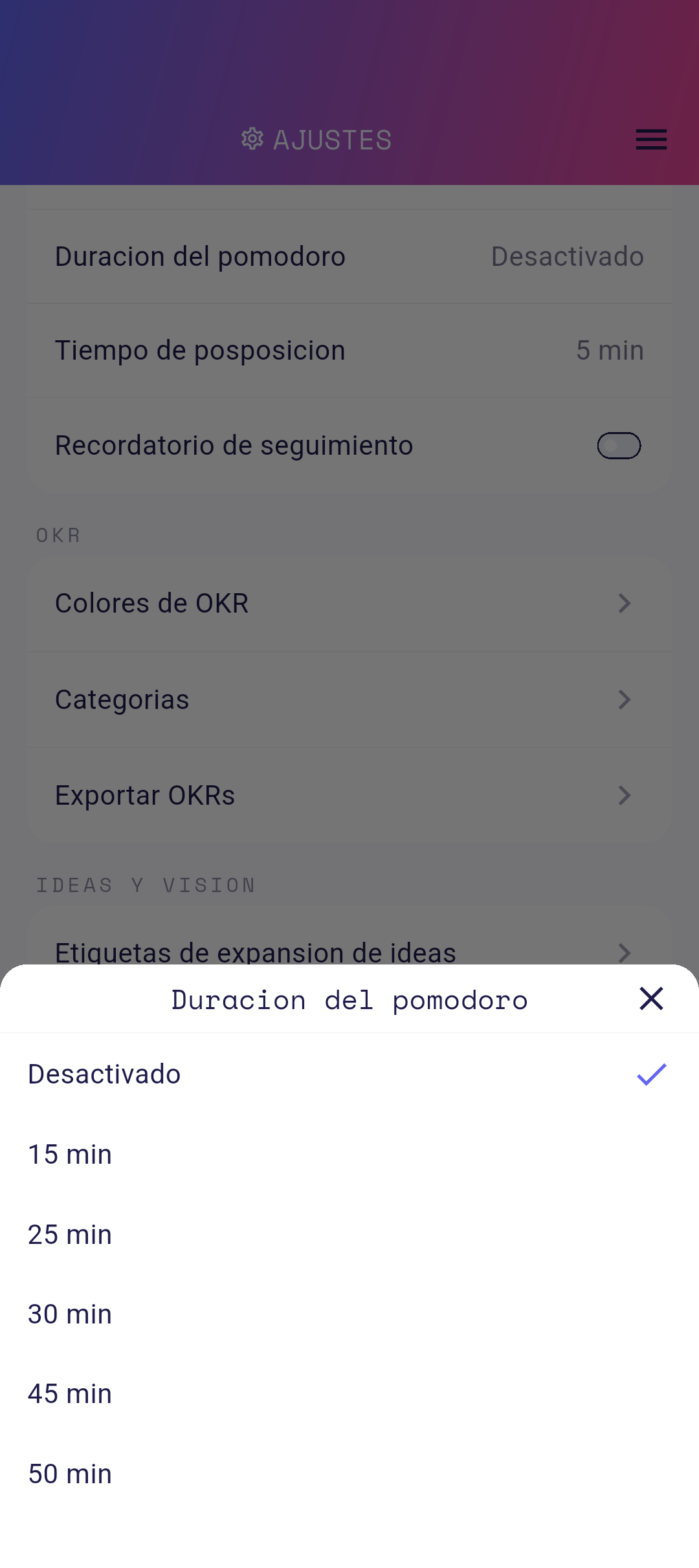 Opciones de duración del Pomodoro