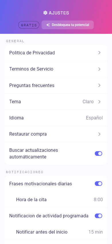 Fila de Mejorar en Configuración