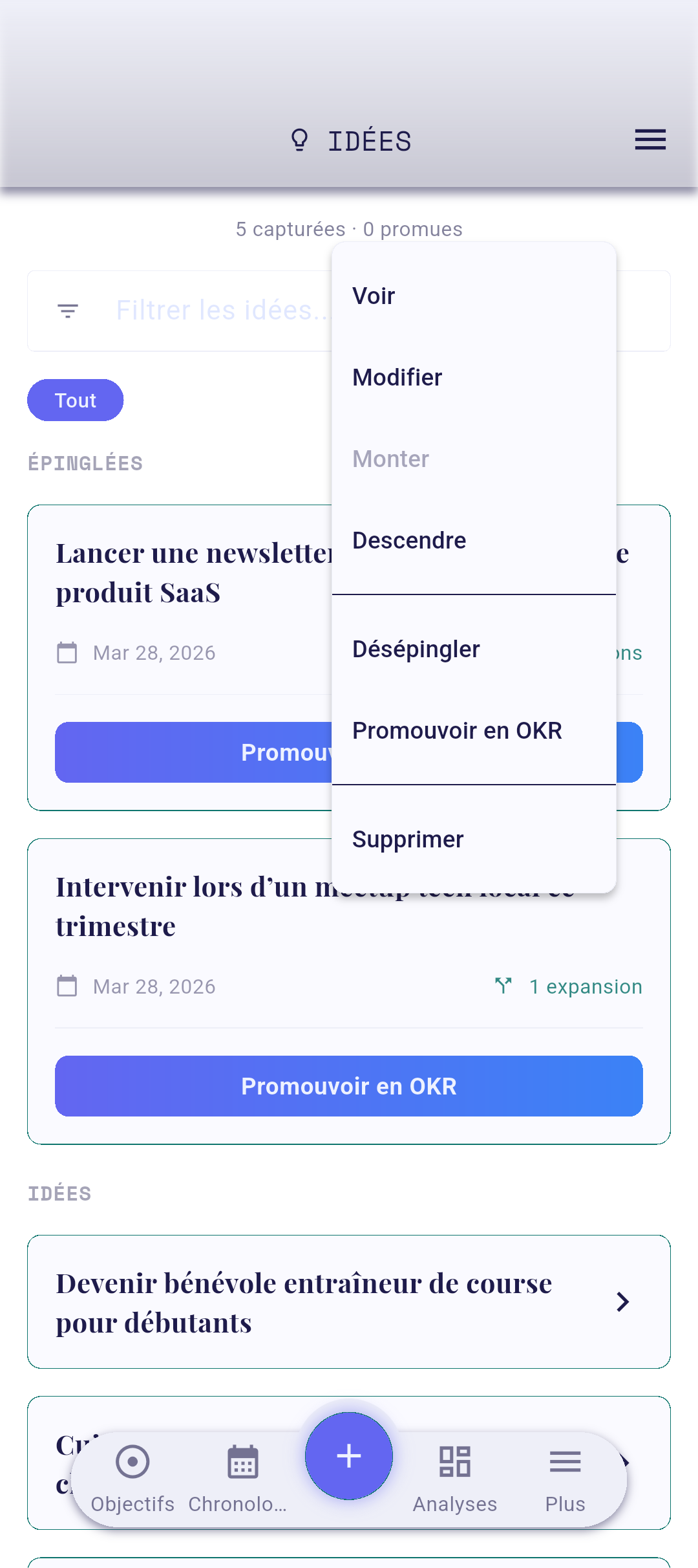 Menu contextuel de la carte d'idée avec Voir mis en évidence