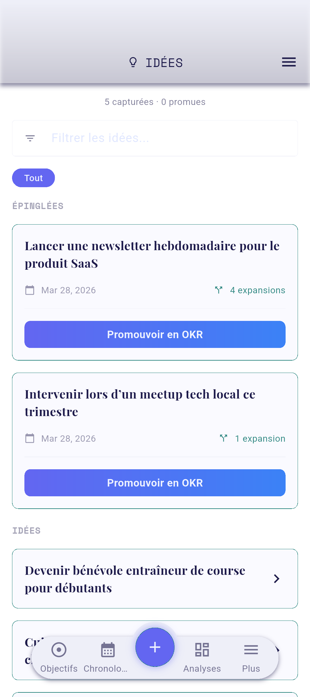 Écran Idées avec le bouton +