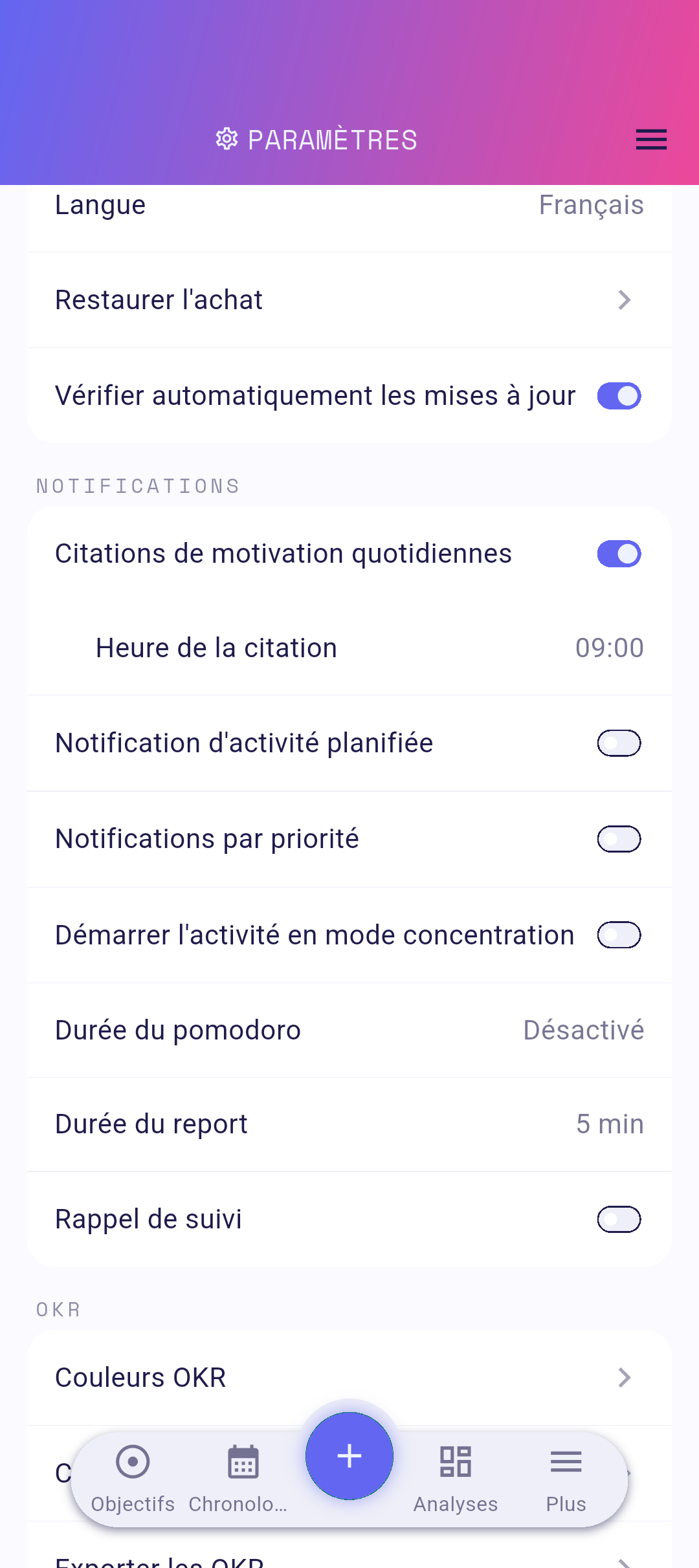 Ligne Langue dans les paramètres